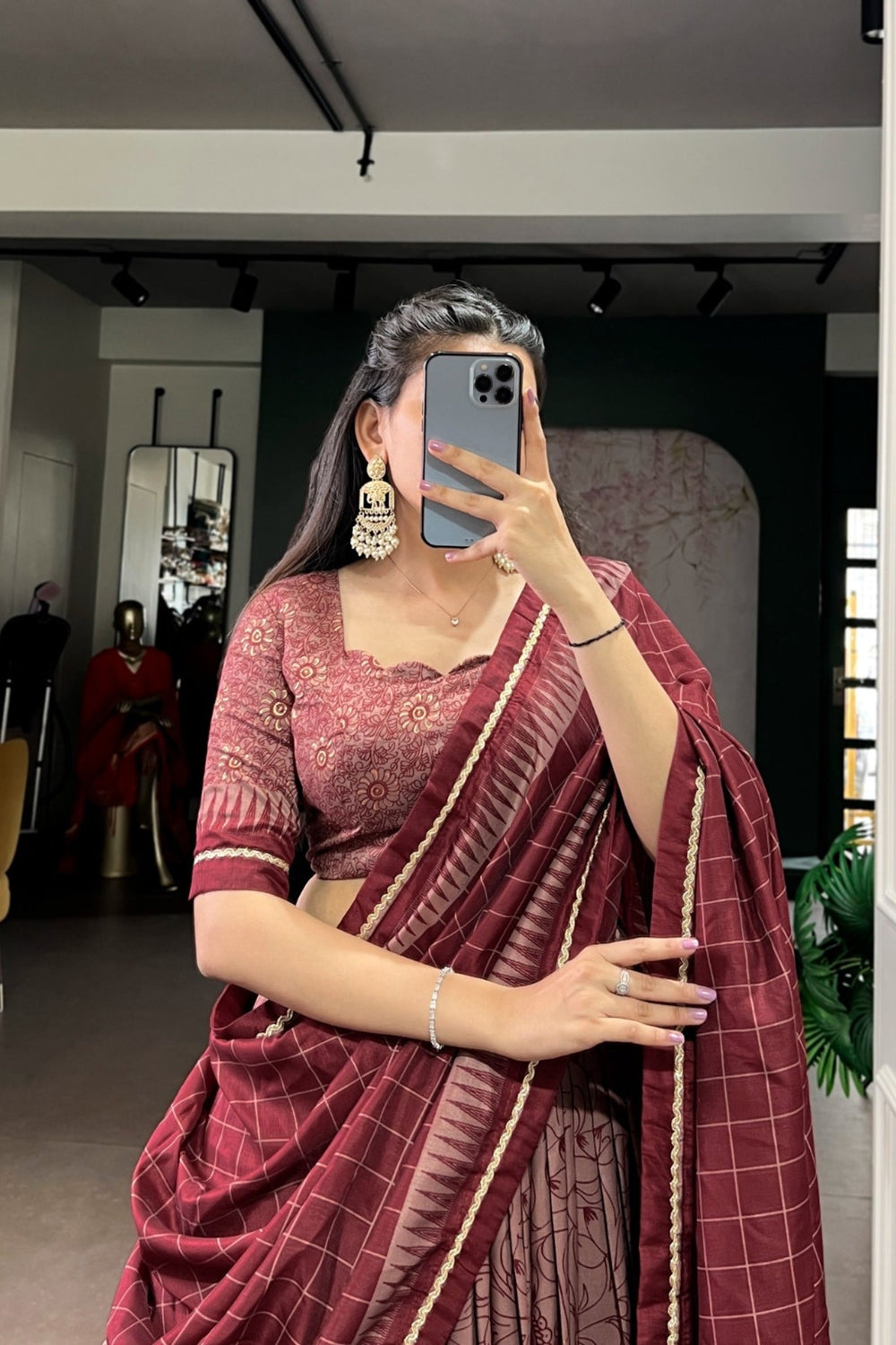 Maroon Festive Kalamkari Printed Tasar Silk Lehenga Choli With Dupatta