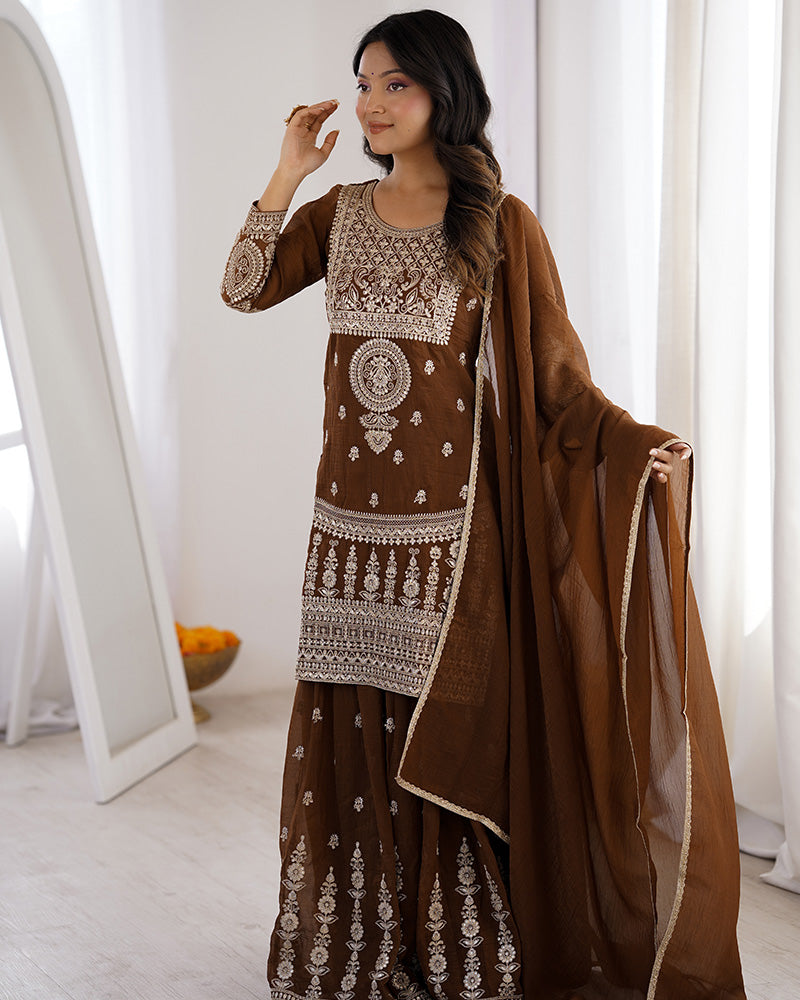 Brown Crunchy Silk Festive Sharara Suit for Women