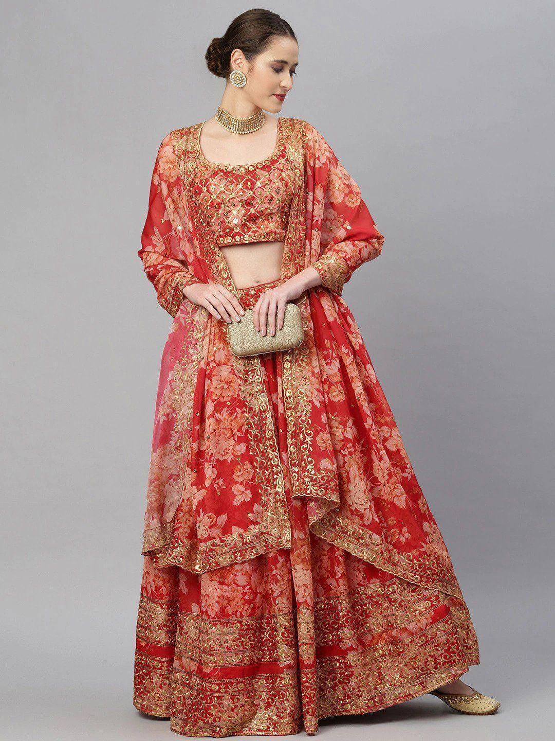Red & Gold-Toned Embellished Sequinned Wedding Wear Lehenga Choli