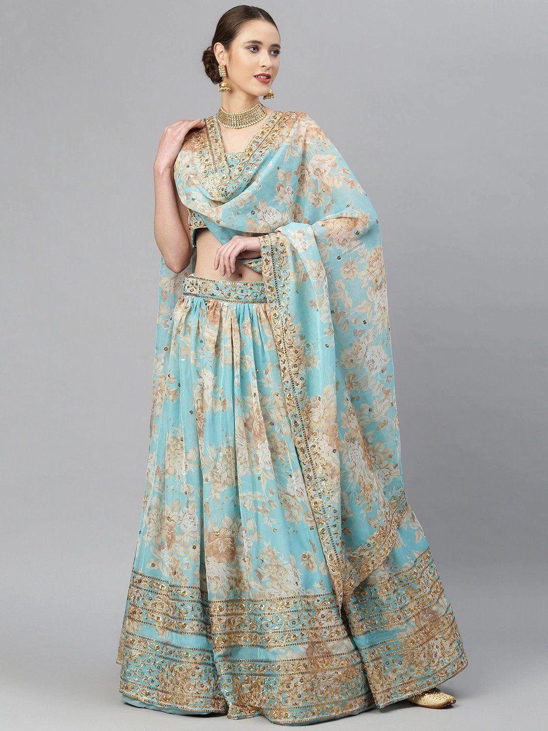 Organza lehenga choli with sequin embellishment and floral embroidery for wedding occasions