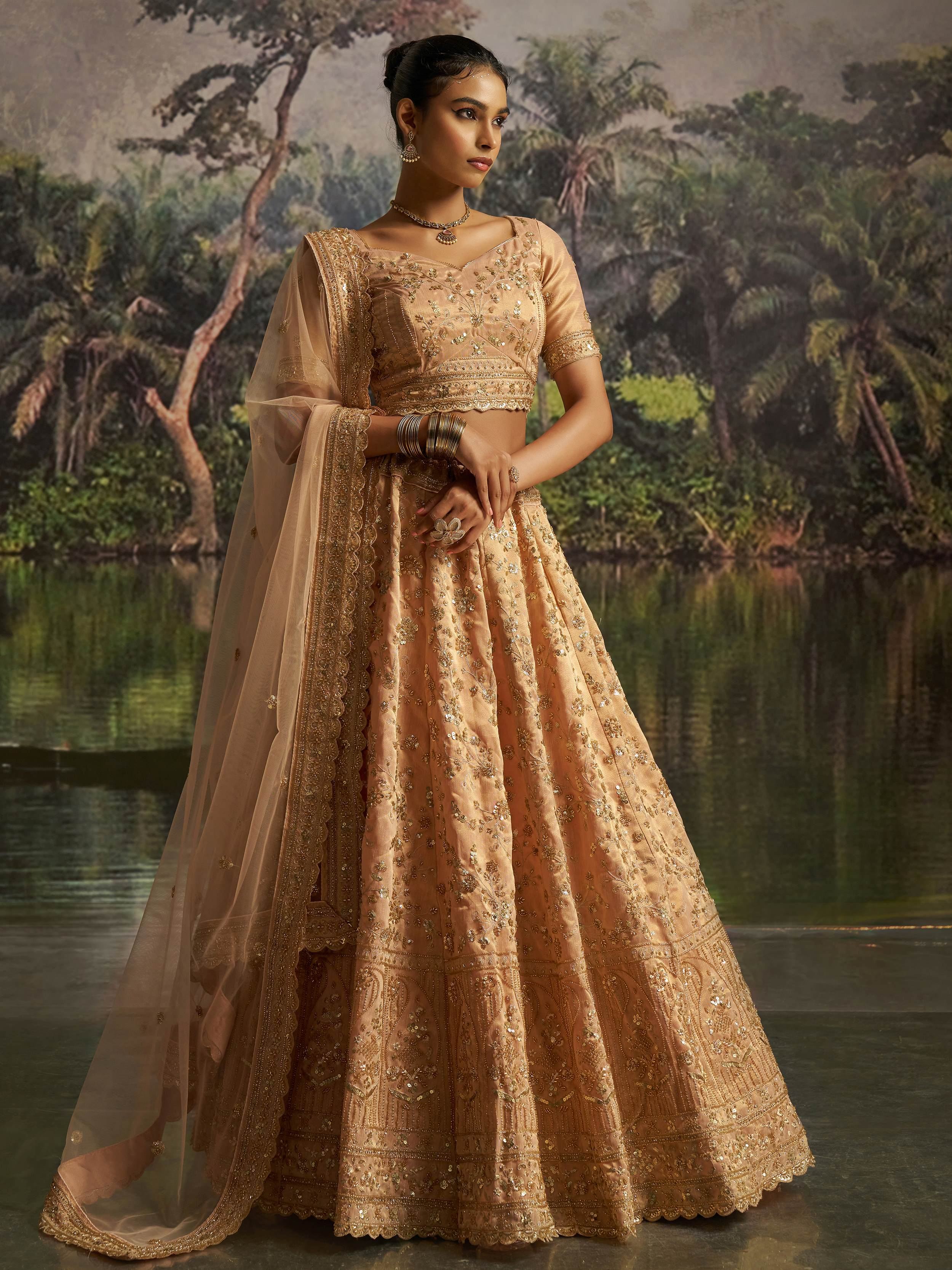 Peach Net Sequins Embroidered Traditional Lehenga Choli for Women