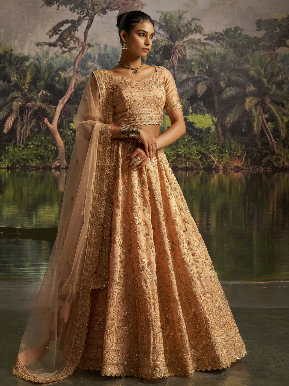 Peach Net Sequins Embroidered Traditional Lehenga Choli for Women