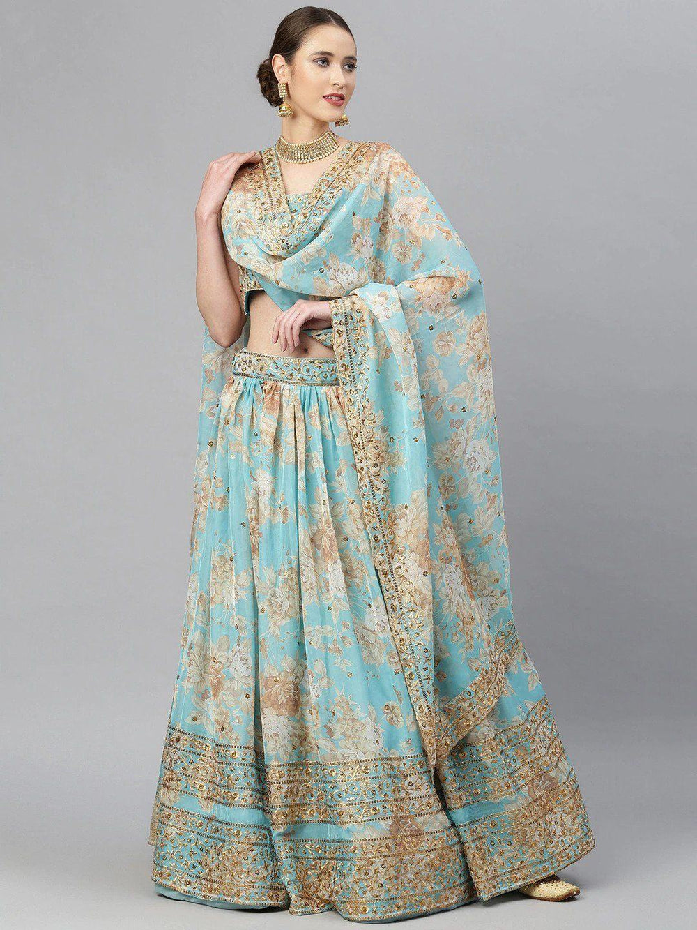 Organza lehenga choli with sequin embellishment and floral embroidery for wedding occasions