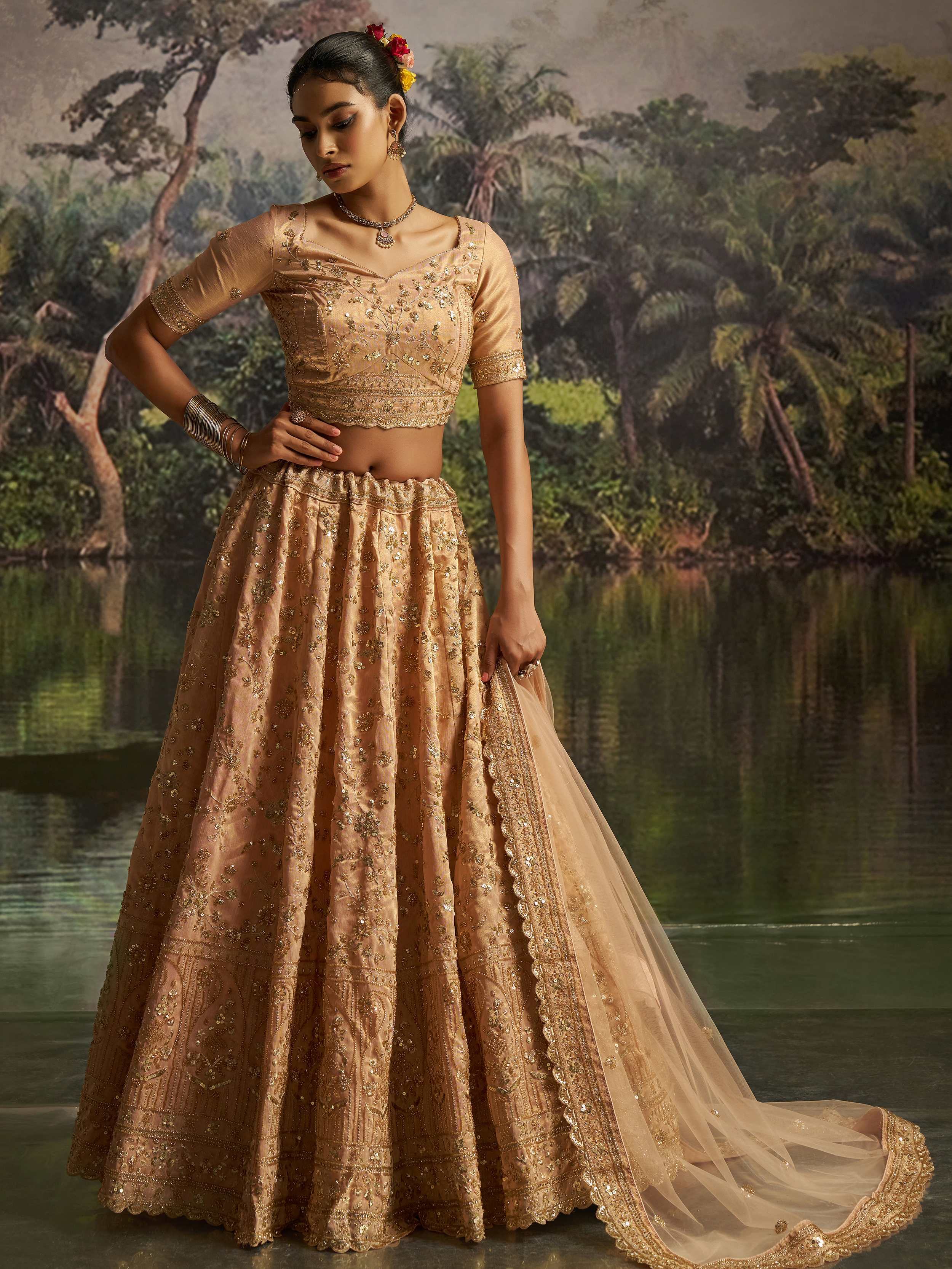 Peach Net Sequins Embroidered Traditional Lehenga Choli for Women