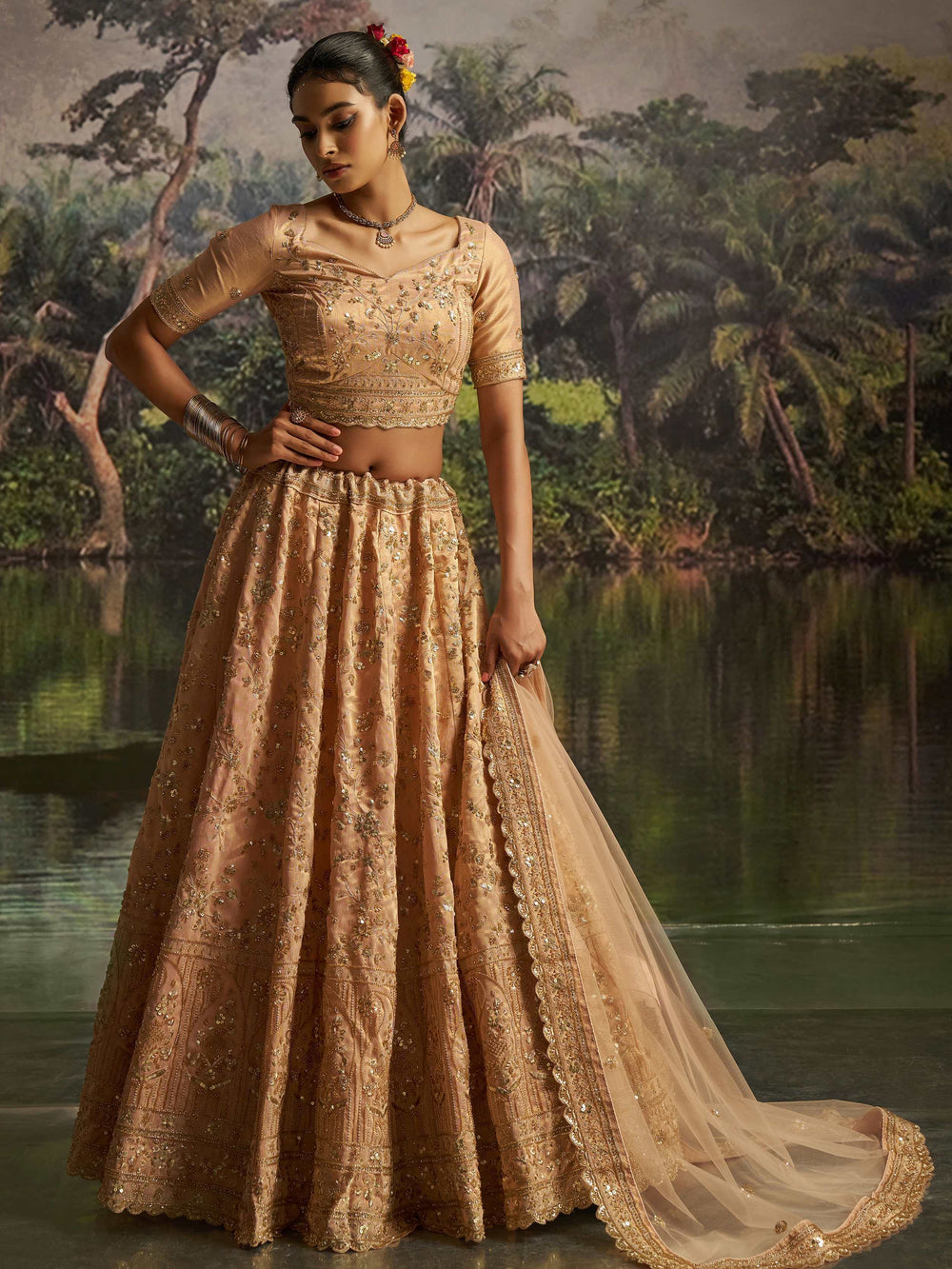 Peach Net Sequins Embroidered Traditional Lehenga Choli for Women