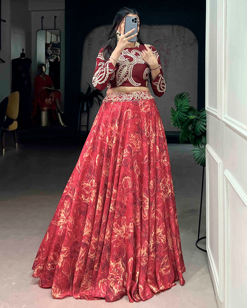Red Eye Catching Tussar Silk Printed Embroidered Lehenga Choli for Women