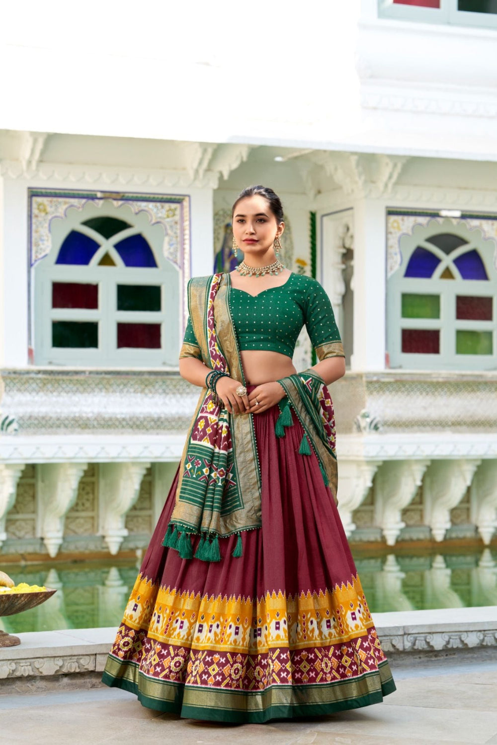 Off White Tussar Silk Patola Printed With Foil Work Lehenga Choli