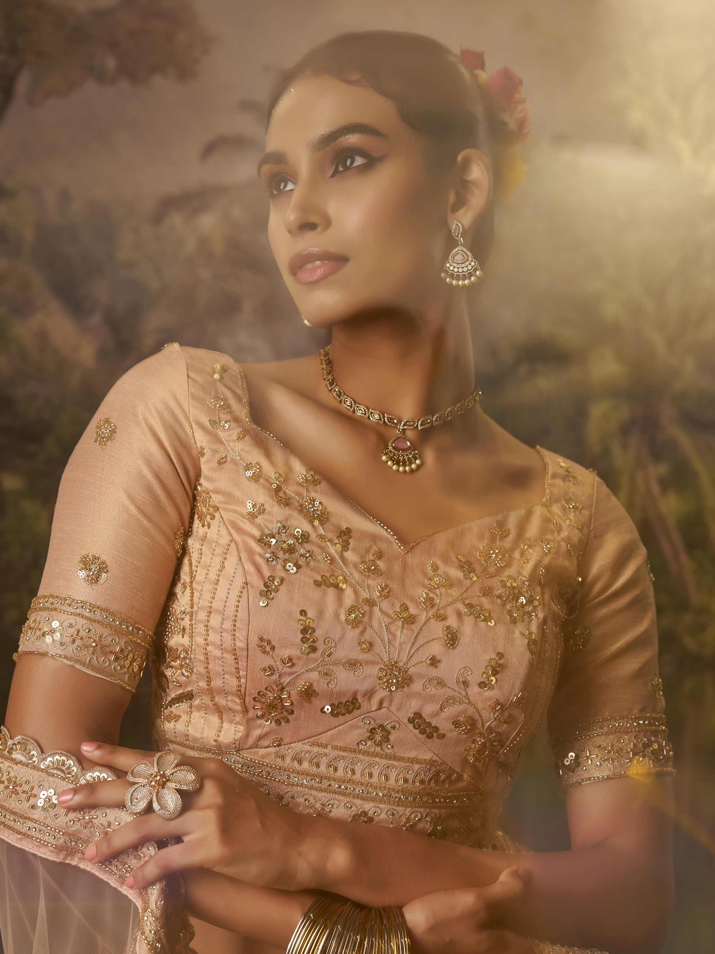 Peach Net Sequins Embroidered Traditional Lehenga Choli for Women