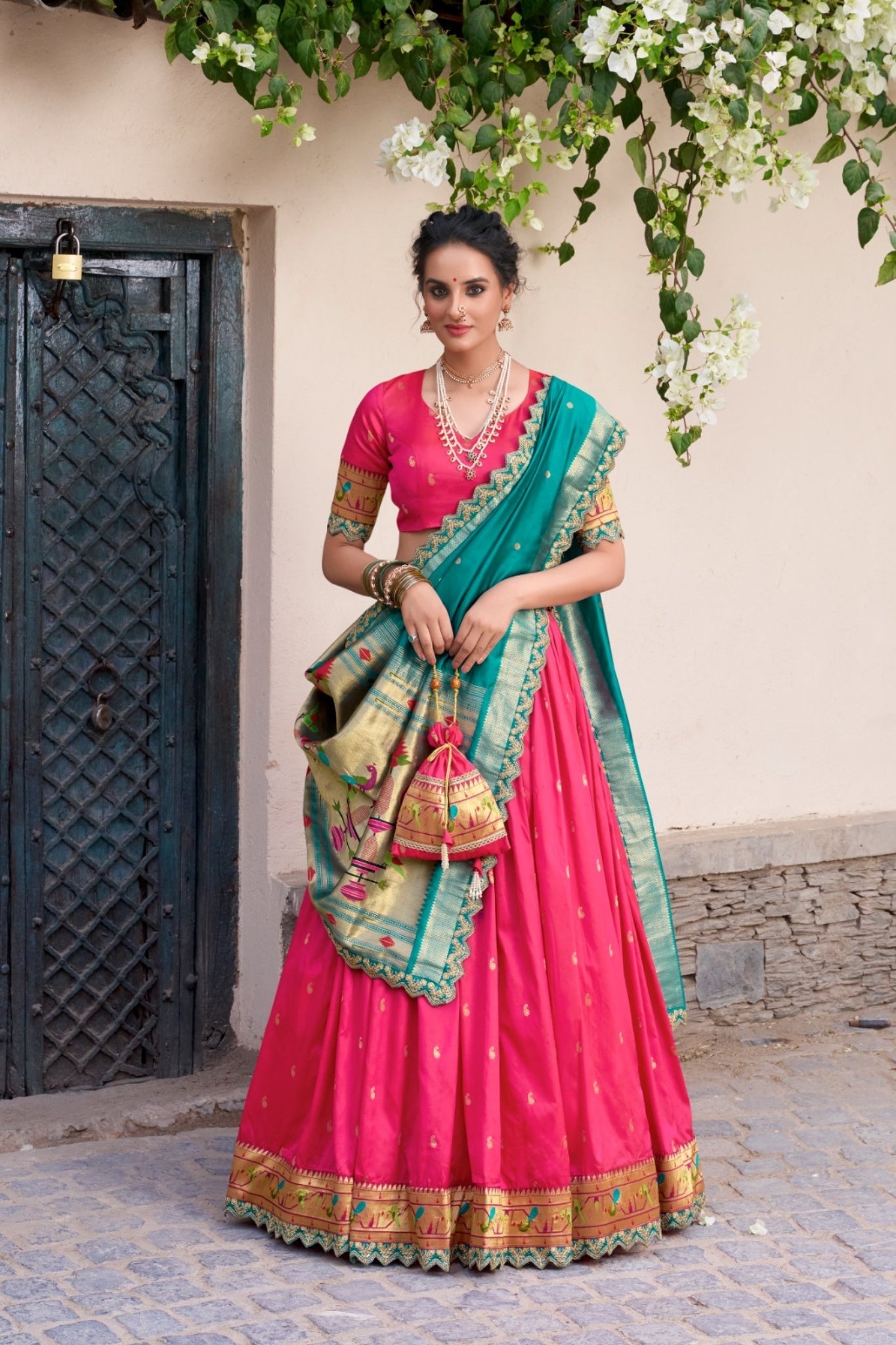 Pink Traditional Paithani Jacquard Sik Lehenga Set For Wedding