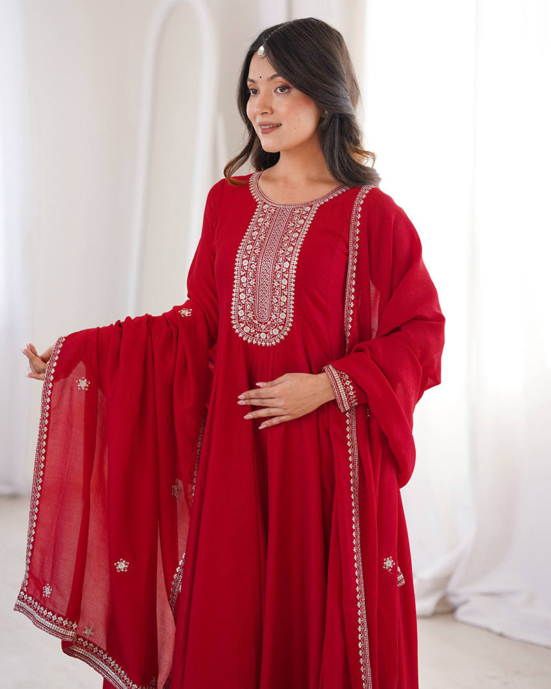 Dark Red Engaging Zari Work Silk Reception Wear Gown With Dupatta for Women