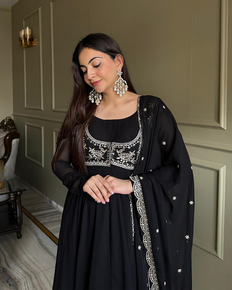 Black Georgette Embroidered Party Anarkali Suit for Women