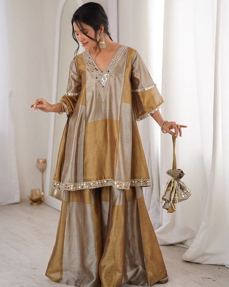 Grey Color Two - Tone Tissue Silk Embroidered Plazzo Suit - Zimonza