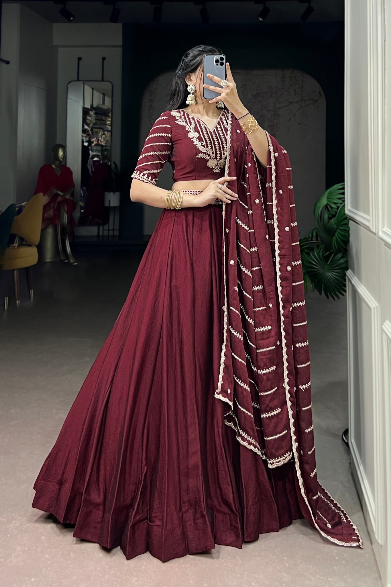Premium Maroon Rangoli Crush Lehenga Choli Set - Zimonza