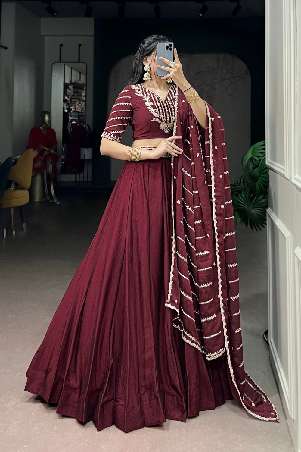 Premium Maroon Rangoli Crush Lehenga Choli Set - Zimonza