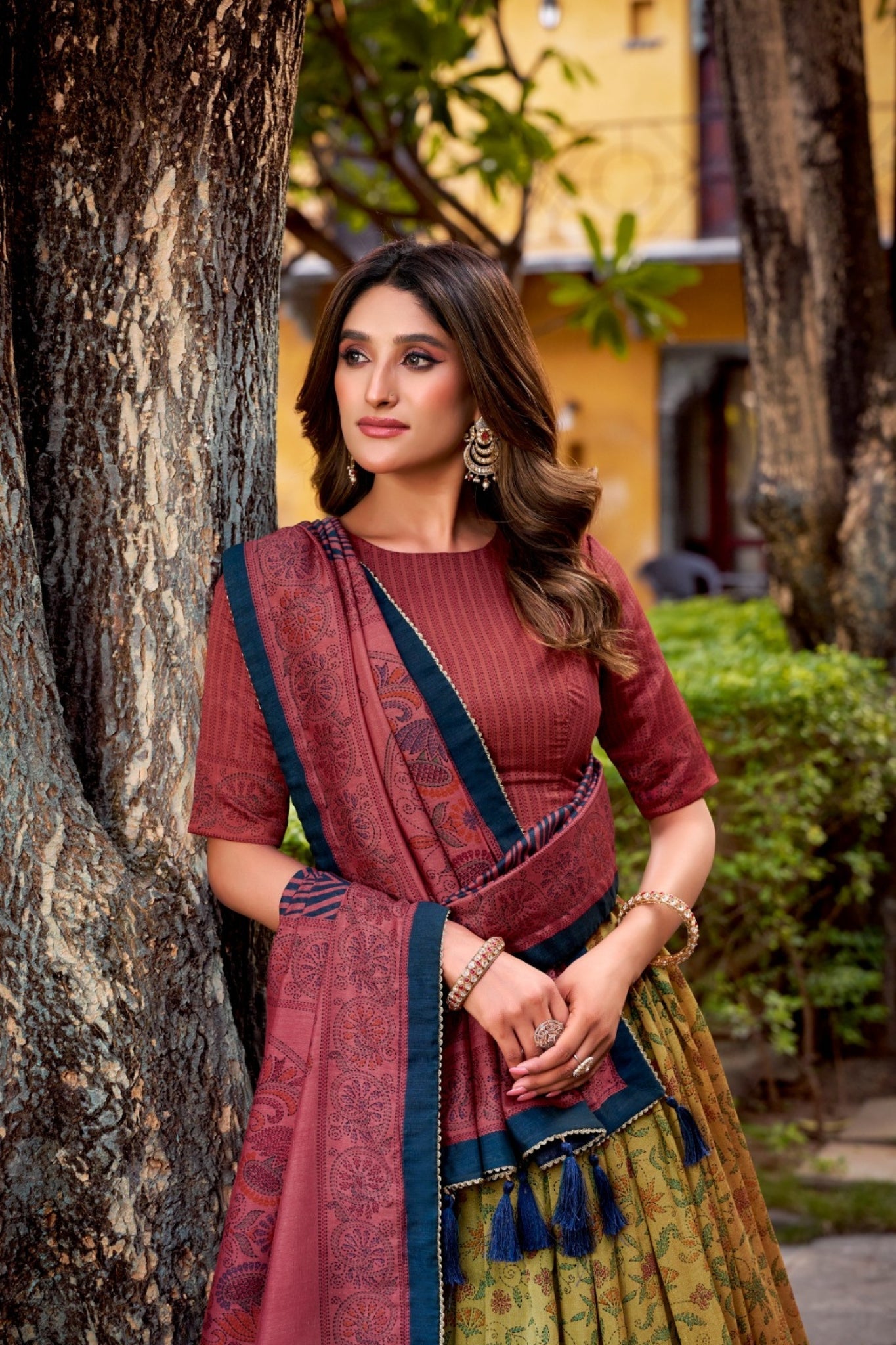 Crimson Heritage Inspired Vichitra Silk Printed Luxury Lehenga Set With Elegant Flare