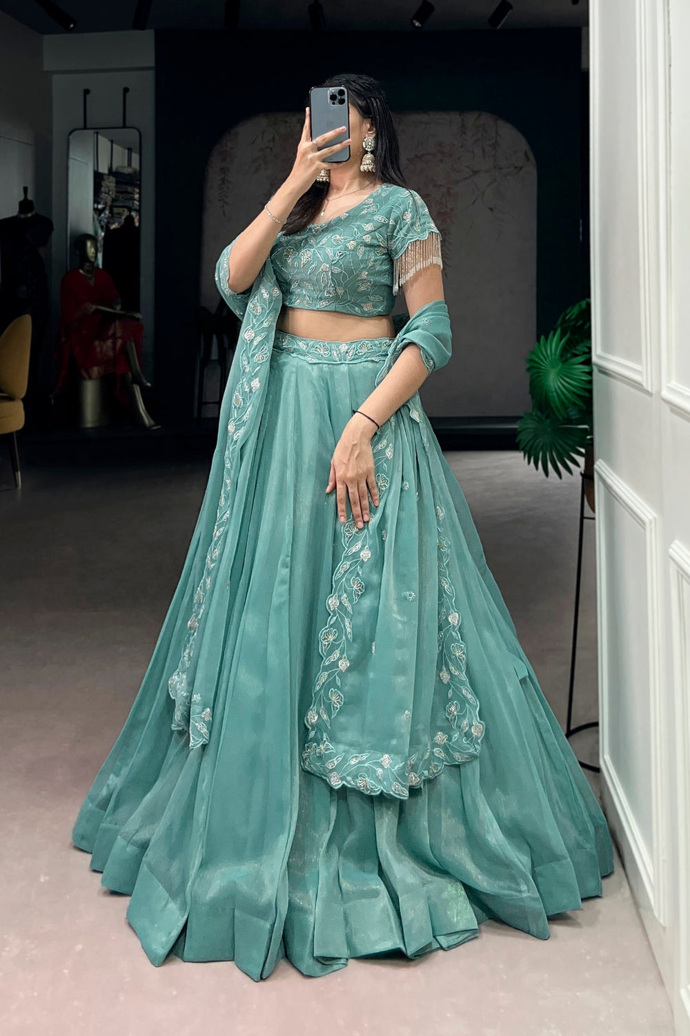 Sea Green Beads Thread Embroidered Wedding Lehenga Choli for Women