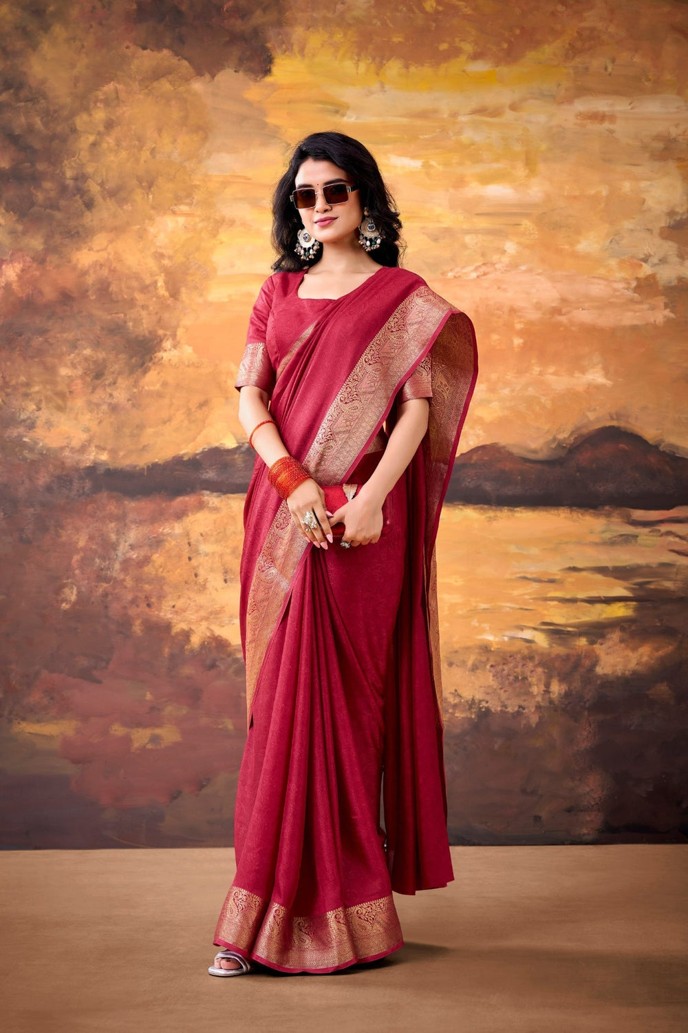 Maroon Marshmallow Silk Woven Contrast Border Festive Saree for Women