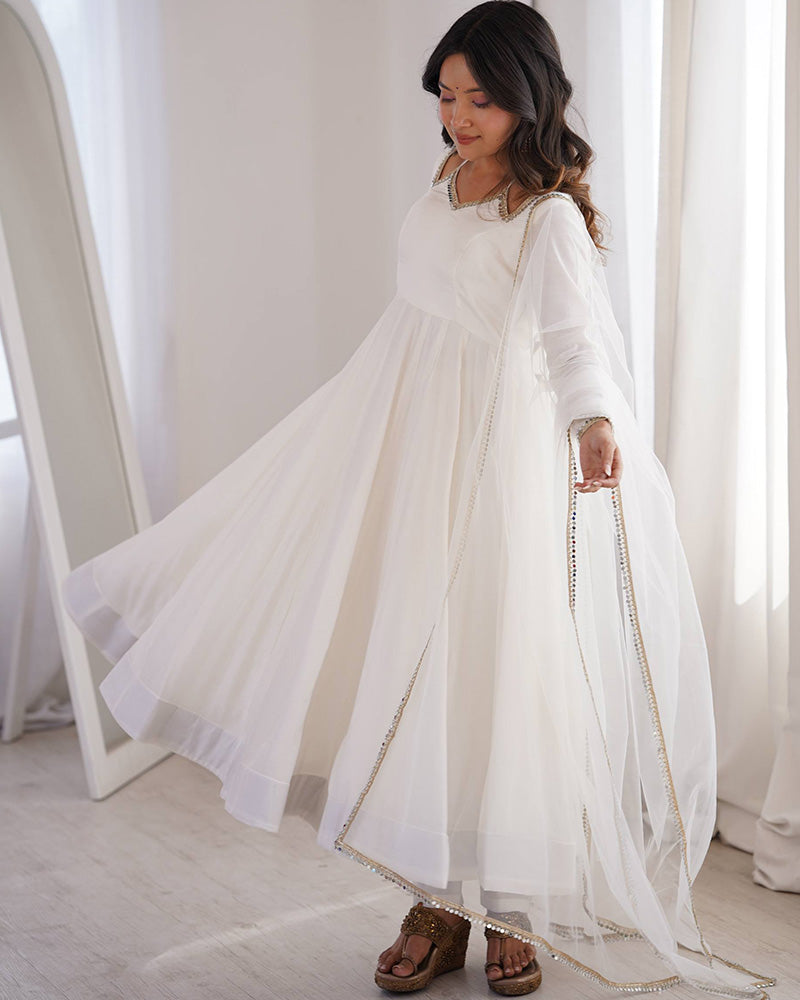 White Refined Chanderi Roman Silk Anarkali Suit for Women