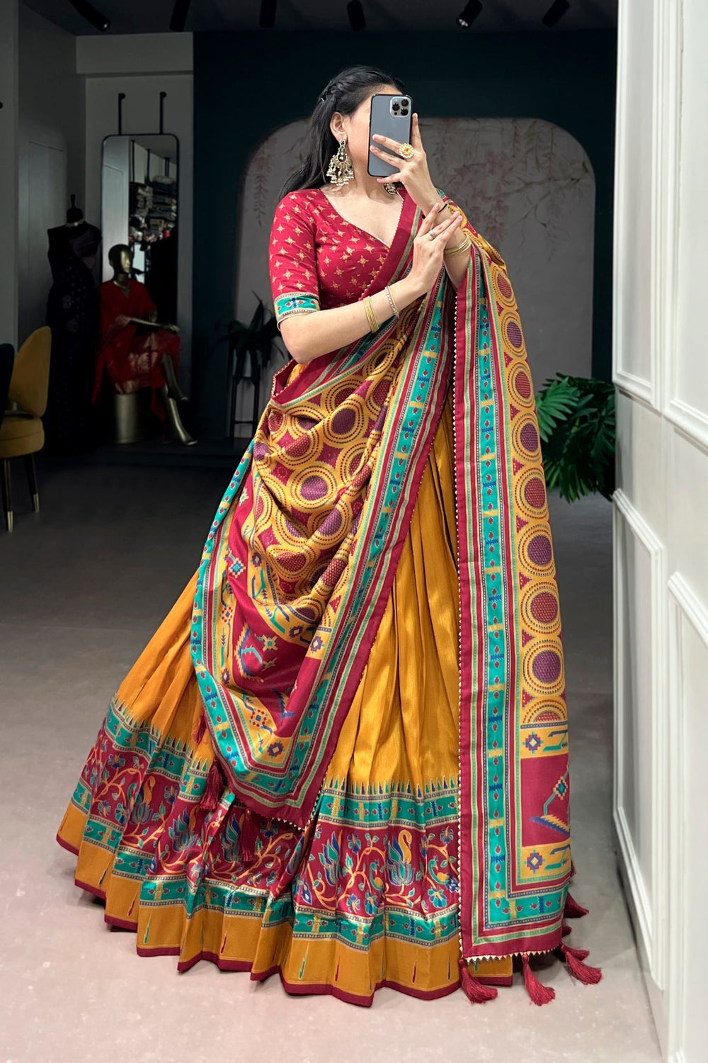 Mustard Printed Tasar Silk Festive Lehenga Choli for Women