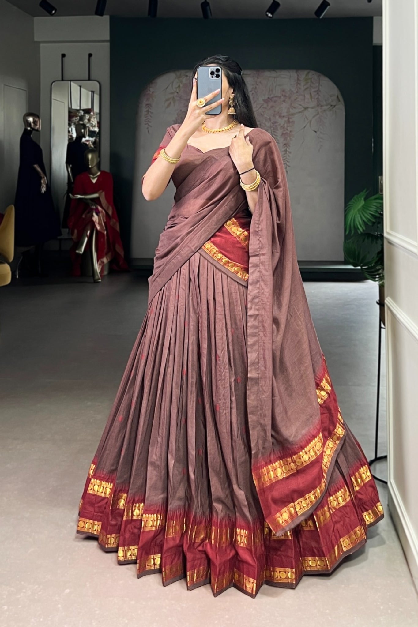 Cream Pure Chanderi Zari Weaving Work South Indian Lehenga Choli