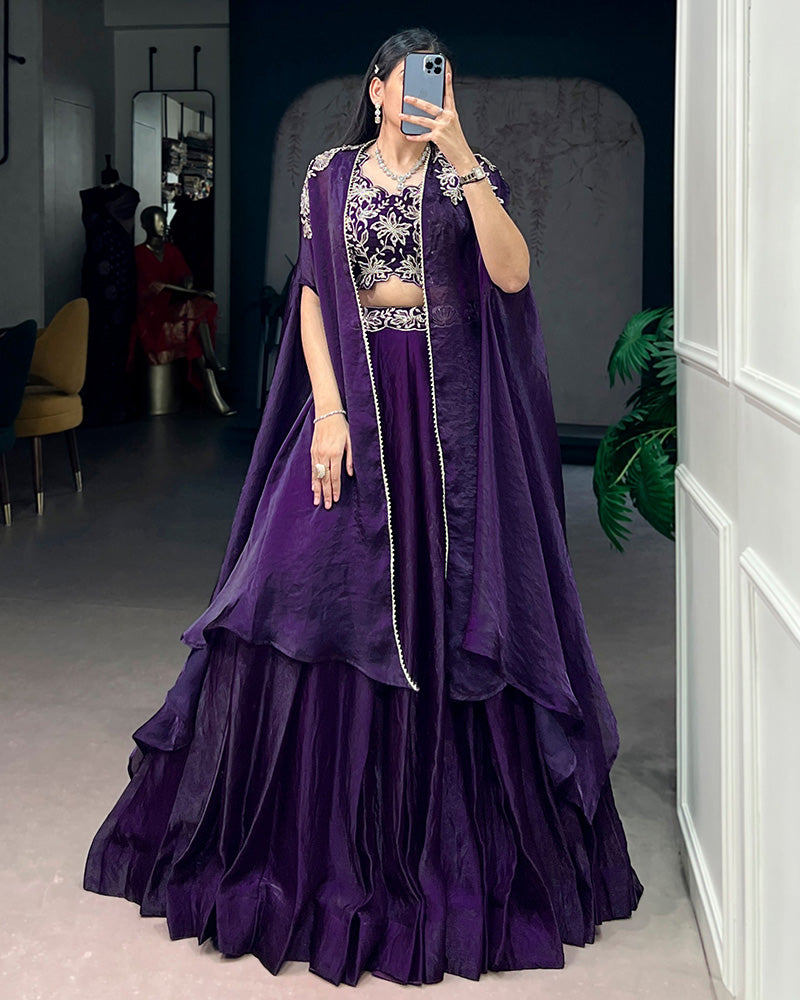 Purple Fendi Silk Embroidered Wedding Lehenga Choli for Women