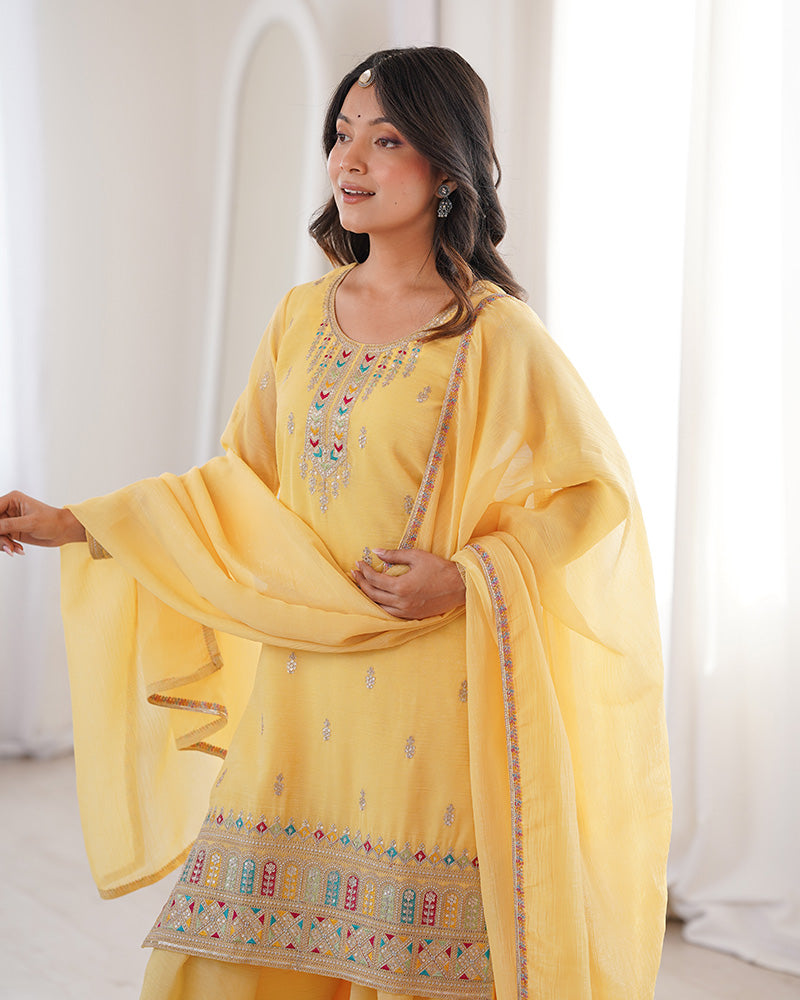 Yellow Crunchy Silk Embroidered Festive Palazzo Suit for Women