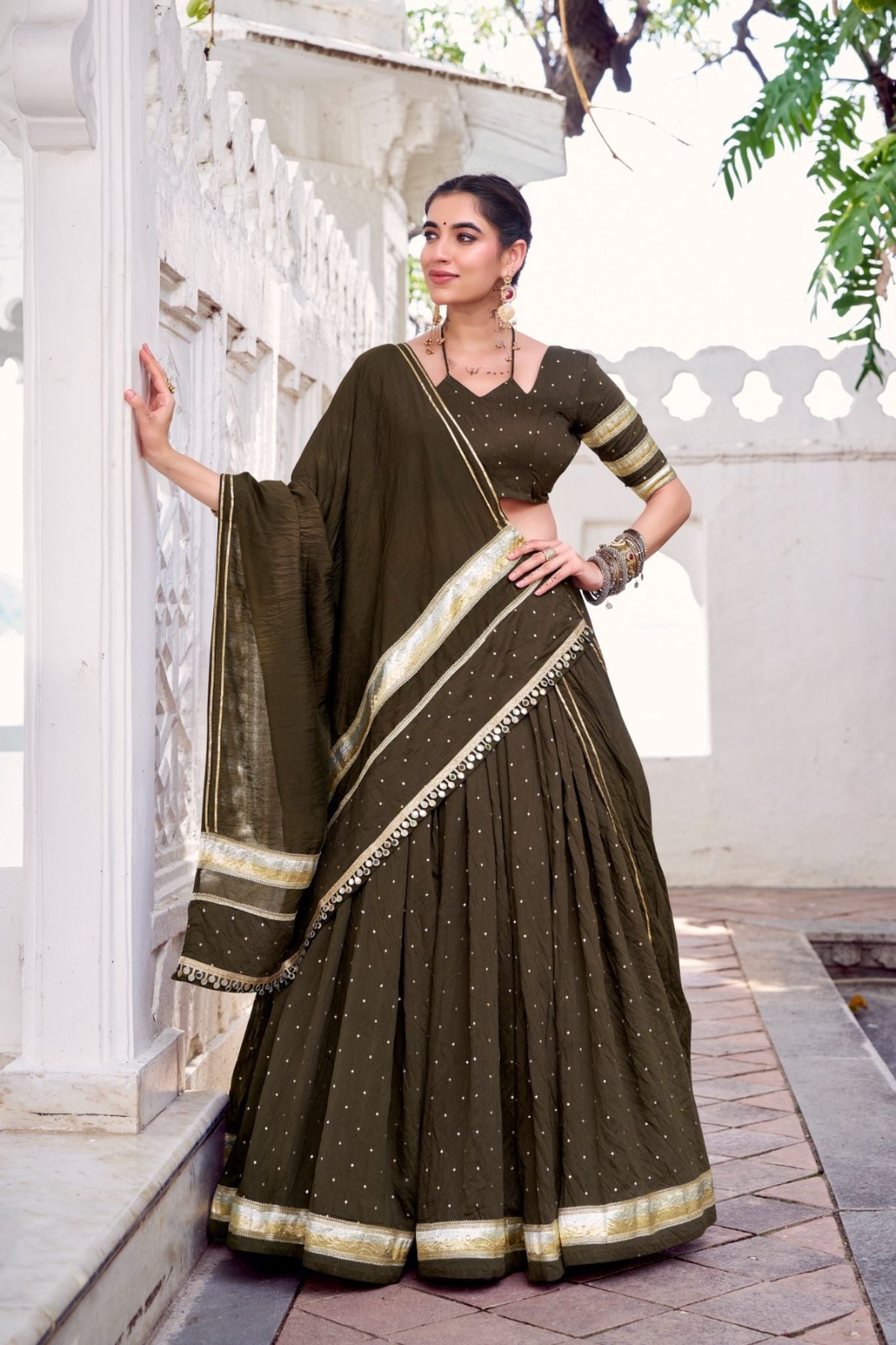 Mehndi Pure Chanderi Zari Weaving Lehenga Choli Set For Festive And Wedding Special