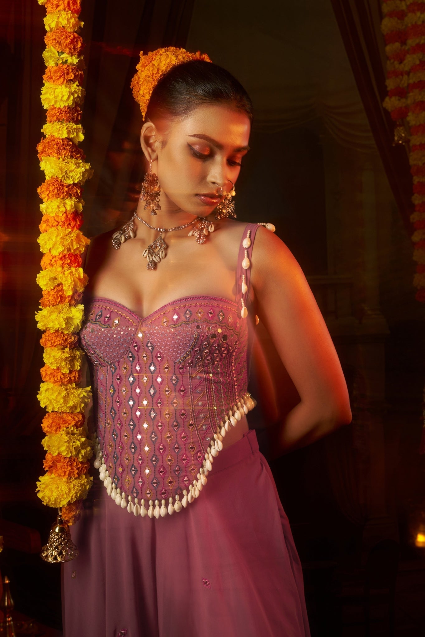 Pink Georgette Mirror Shell Handwork Festive Co-ord Set for Women