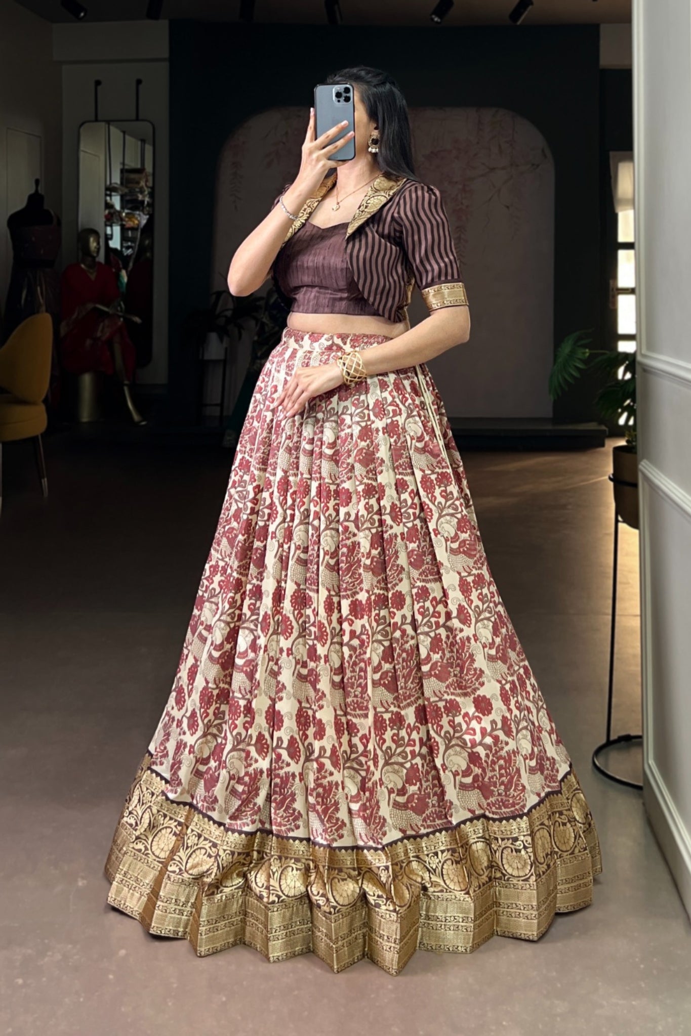 Brown Handcrafted Tasar Silk Printed With Viscose Border Lehenga Choli