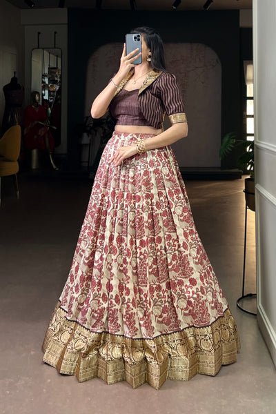 Brown Handcrafted Tasar Silk Printed With Viscose Border Lehenga Choli