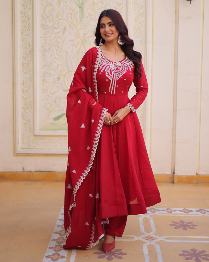 Royal Red Mal Chanderi Cotton Festive Anarkali Suit for Women