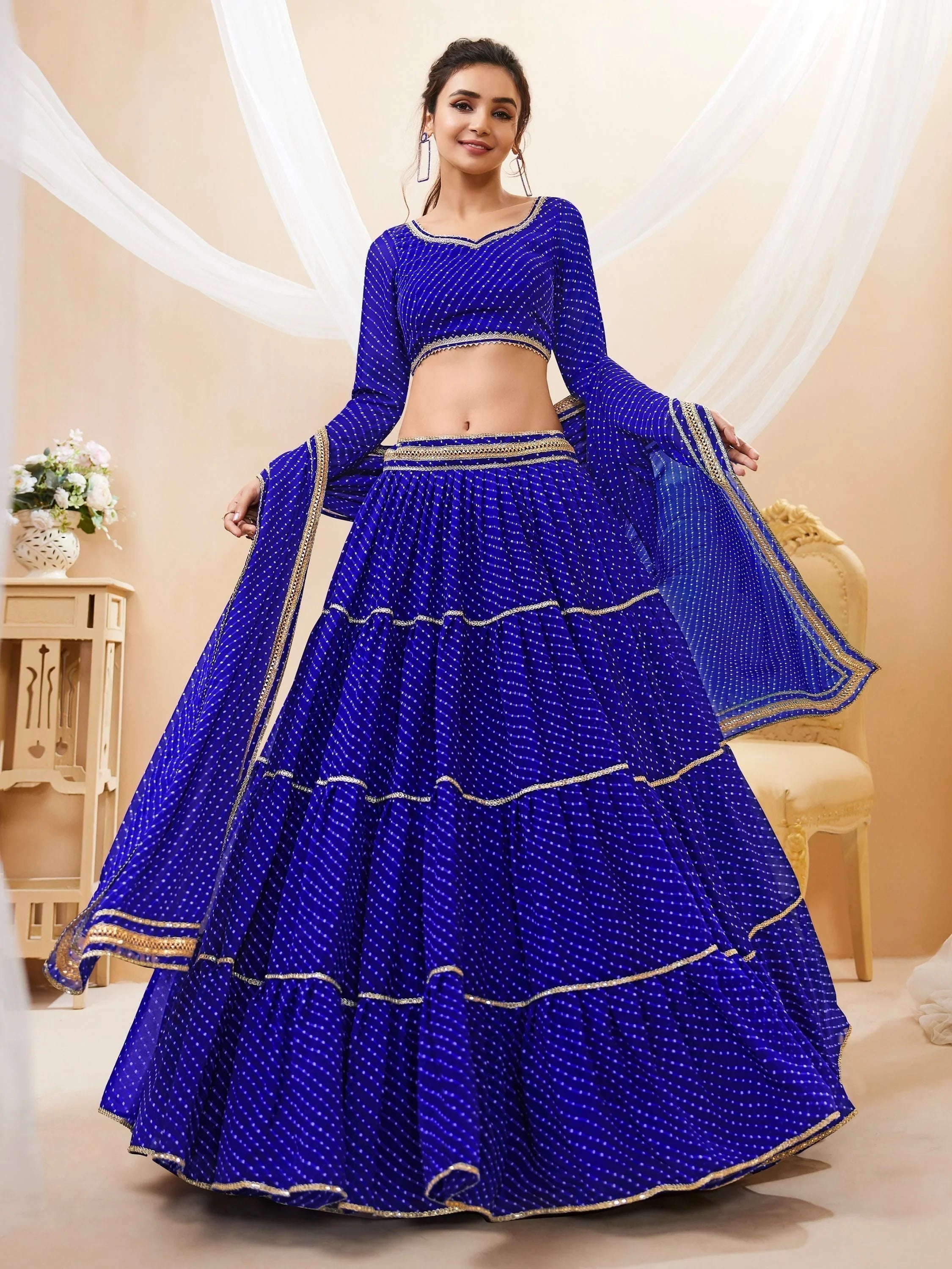 Excellent Blue Leheriya Printed Georgette Wedding Wear Lehenga Choli with Dupatta