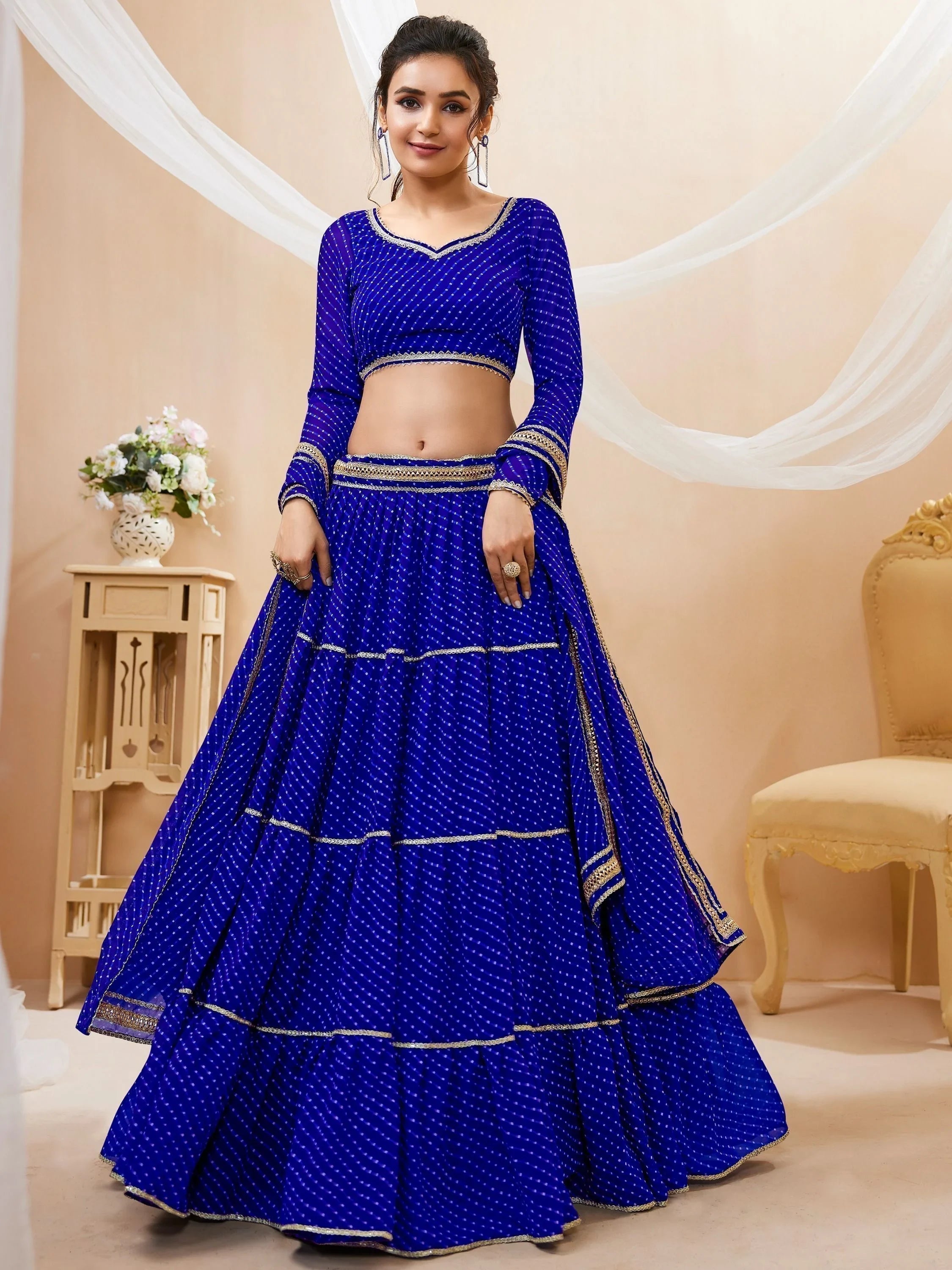 Excellent Blue Leheriya Printed Georgette Wedding Wear Lehenga Choli with Dupatta