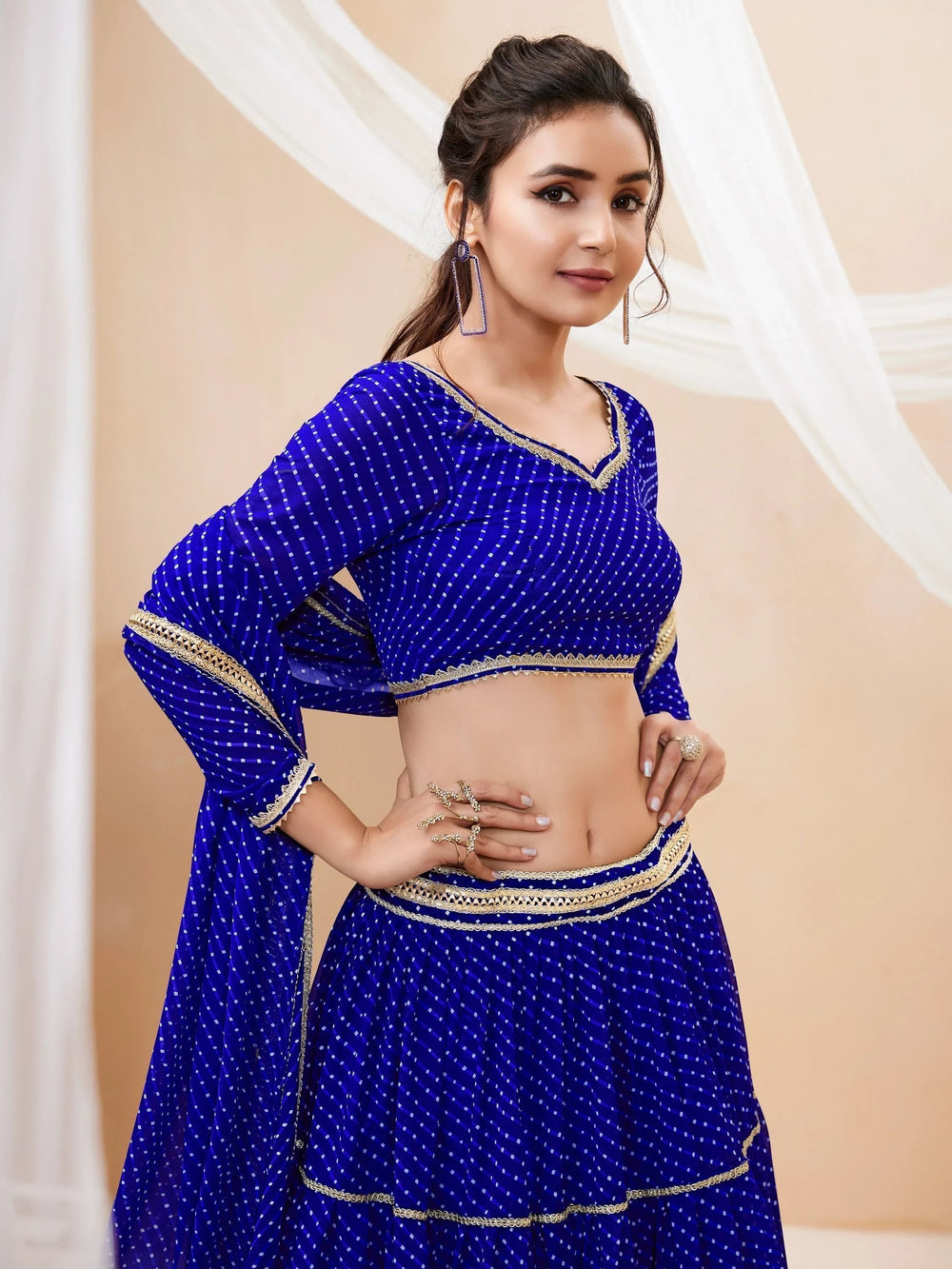 Excellent Blue Leheriya Printed Georgette Wedding Wear Lehenga Choli with Dupatta