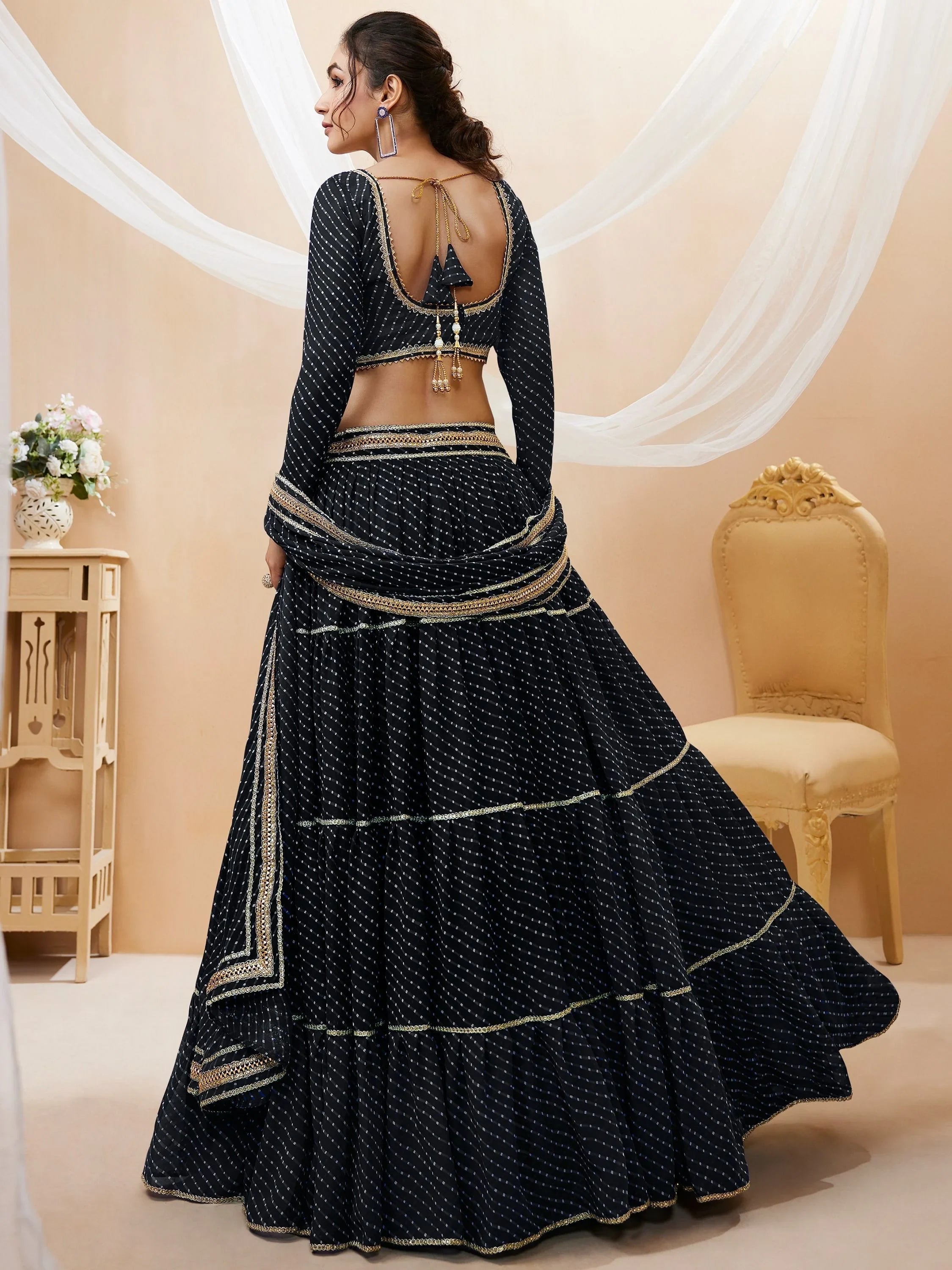 Black Leheriya Printed Georgette Party Lehenga Choli for Women