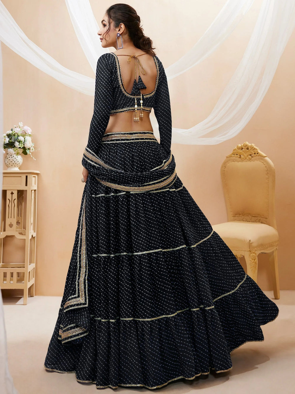 Black Leheriya Printed Georgette Party Lehenga Choli for Women