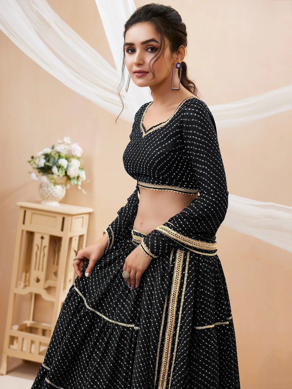 Black Leheriya Printed Georgette Party Lehenga Choli for Women