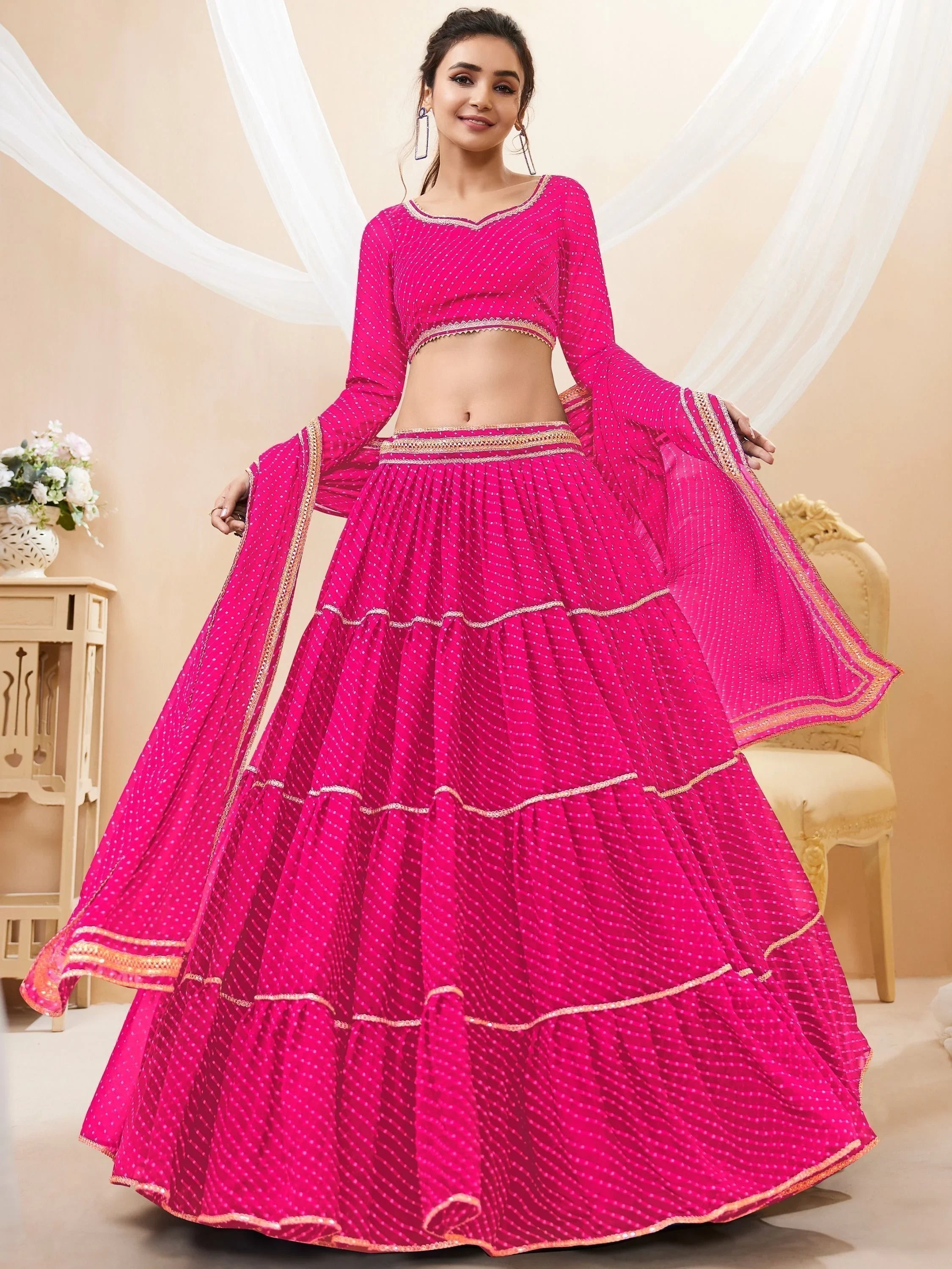 Pink Leheriya Printed Georgette Function Lehenga Choli for Women