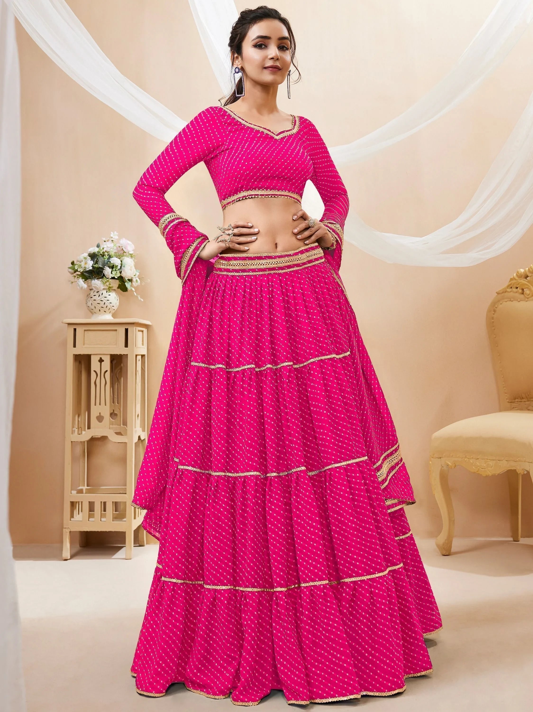 Pink Leheriya Printed Georgette Function Lehenga Choli for Women