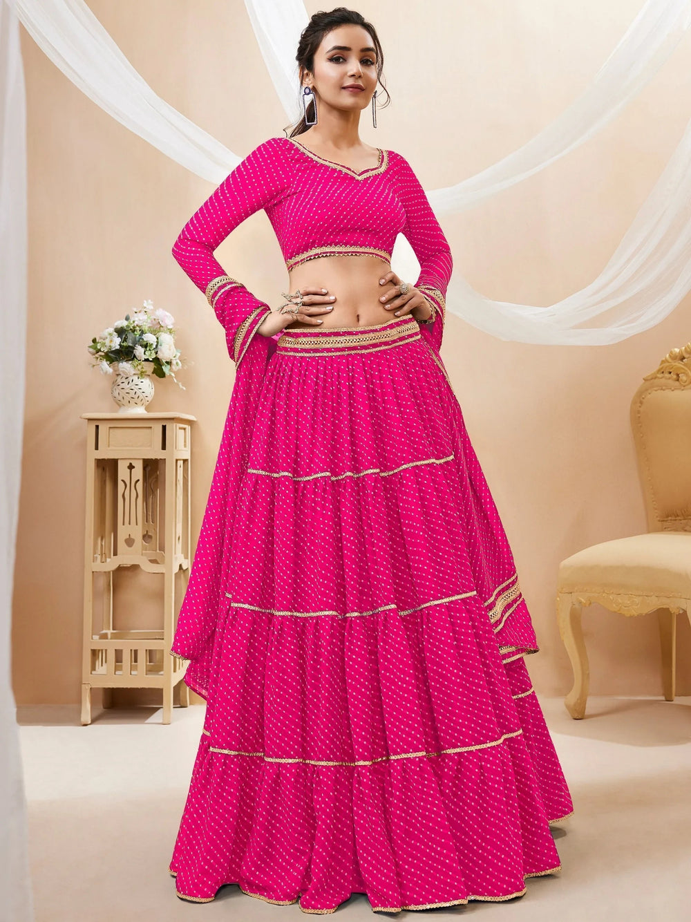 Pink Leheriya Printed Georgette Function Lehenga Choli for Women
