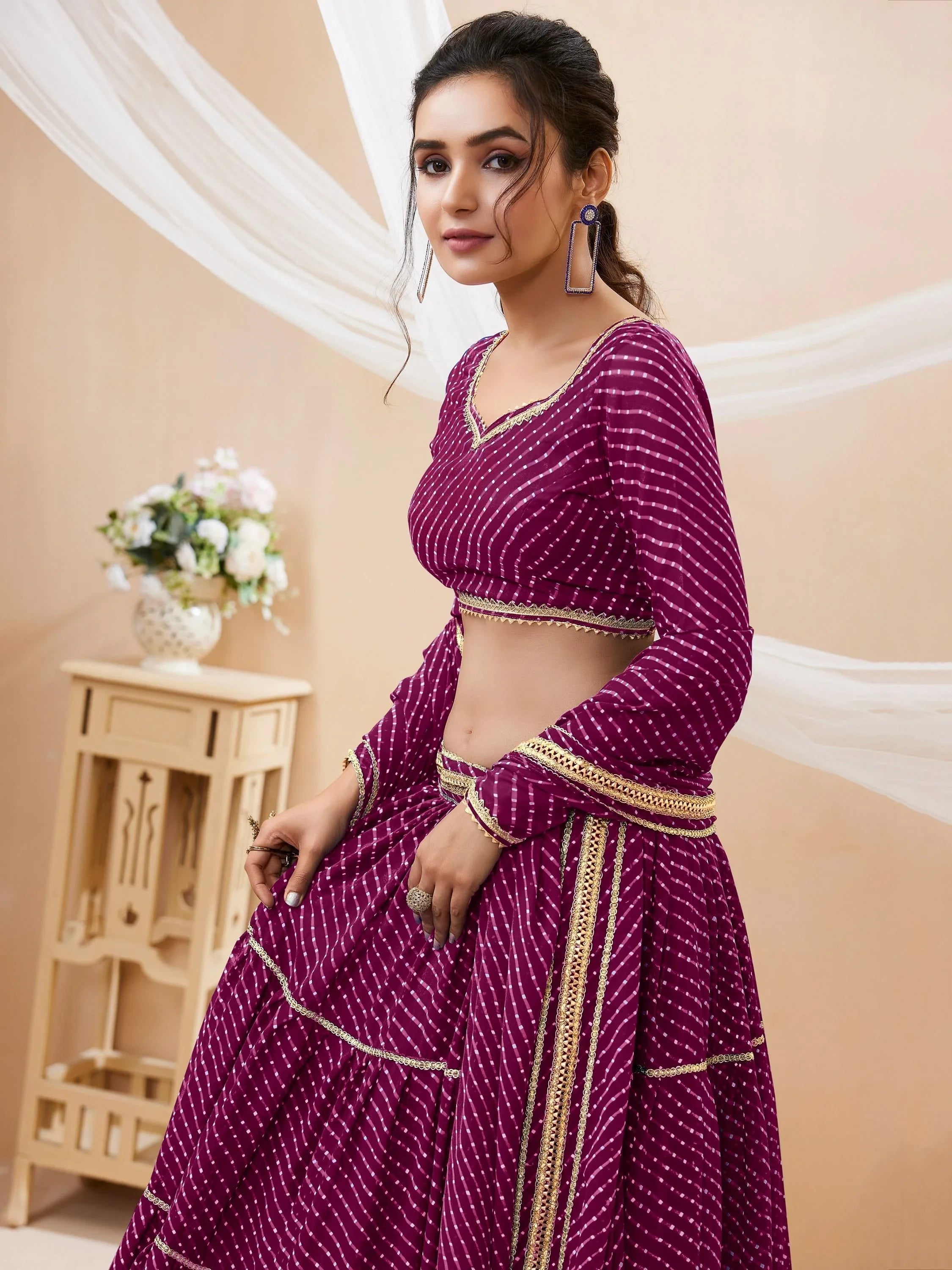 Purple Leheriya Printed Georgette Festival Lehenga Choli for Ladies