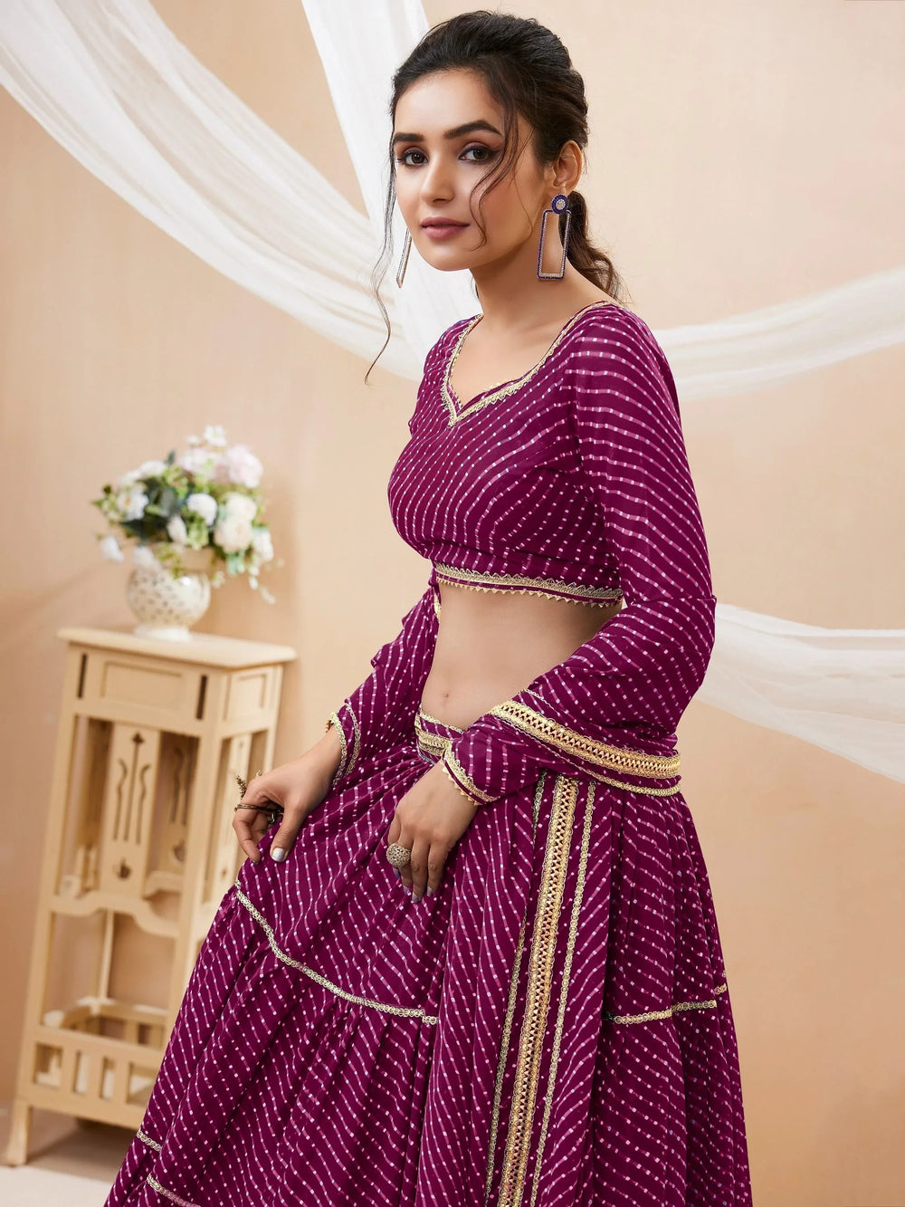 Purple Leheriya Printed Georgette Festival Lehenga Choli for Ladies