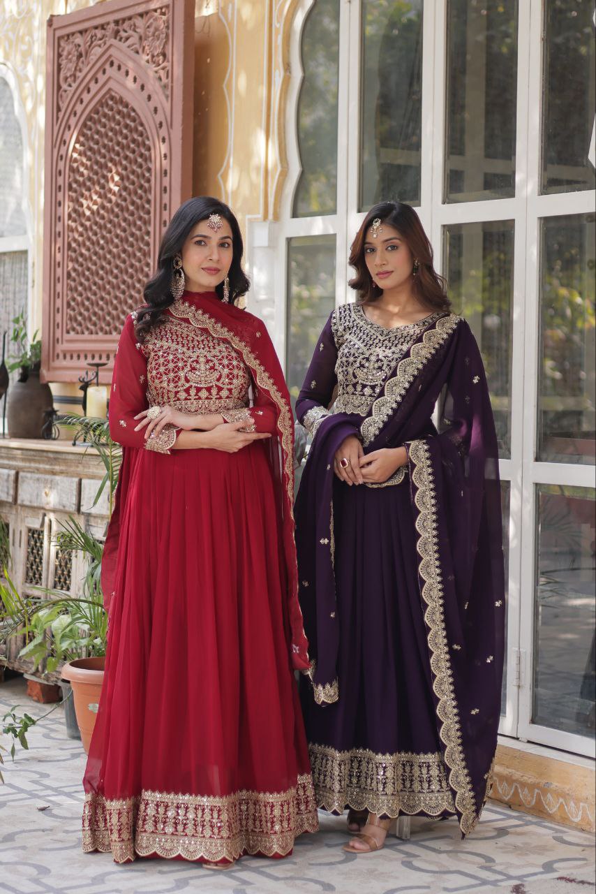 Georgette Embroidered Wedding Gown With Dupatta