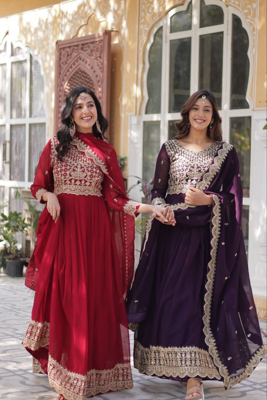 Georgette Embroidered Wedding Gown With Dupatta