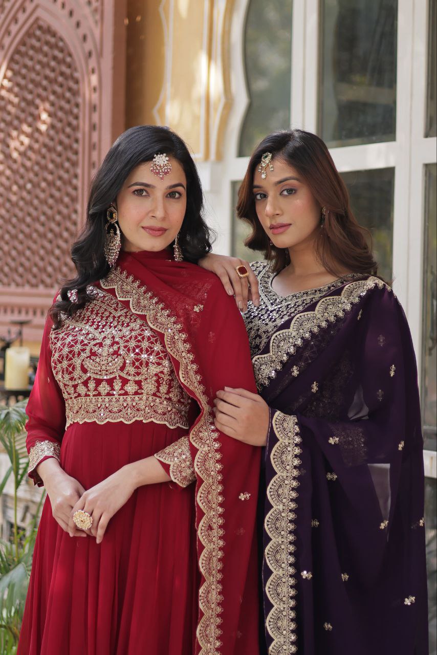 Georgette Embroidered Wedding Gown With Dupatta