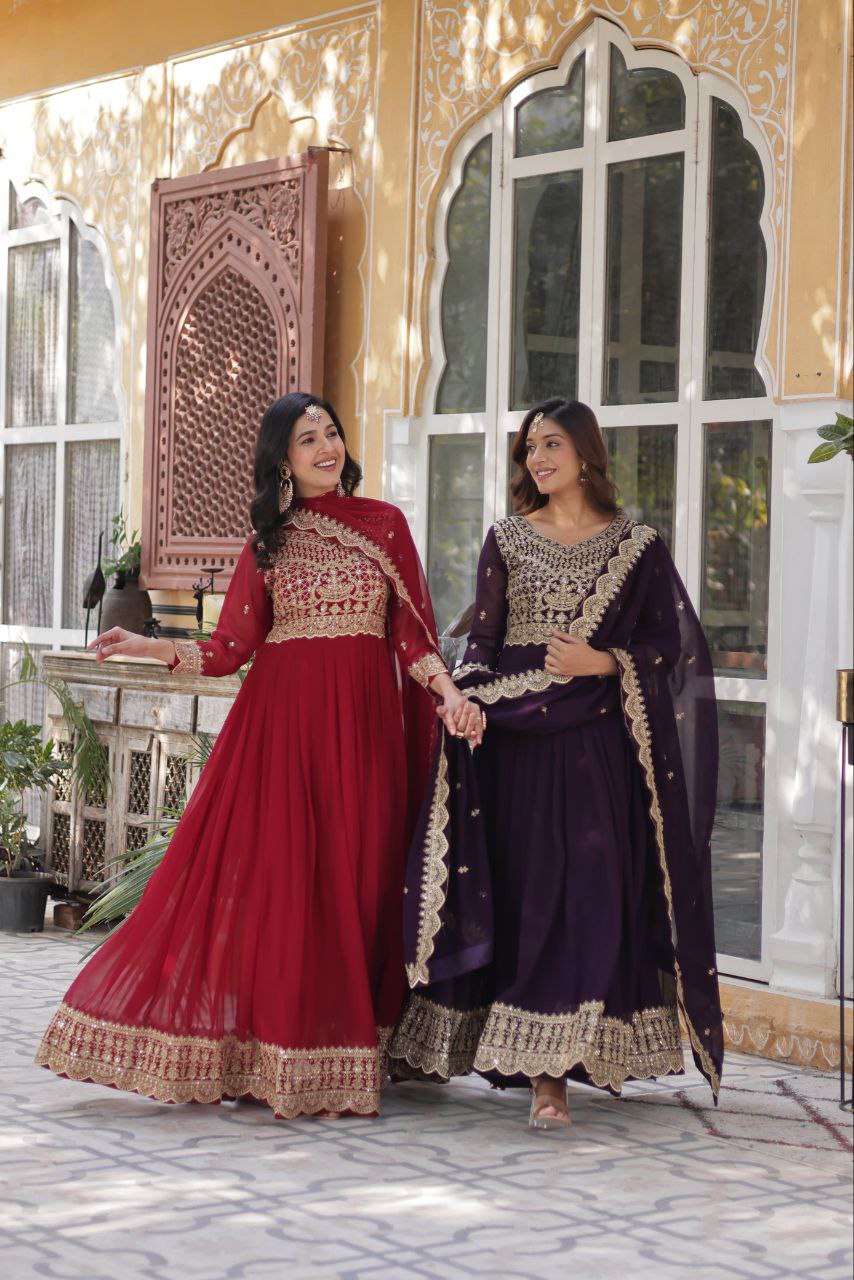 Georgette Embroidered Wedding Gown With Dupatta