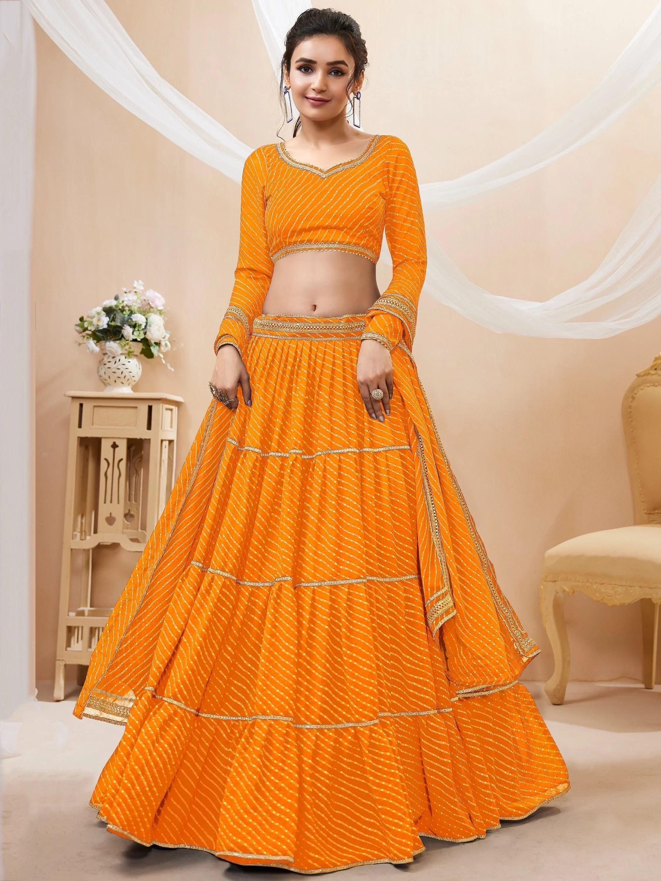 Yellow Leheriya Printed Georgette Haldi Lehenga Choli for Women