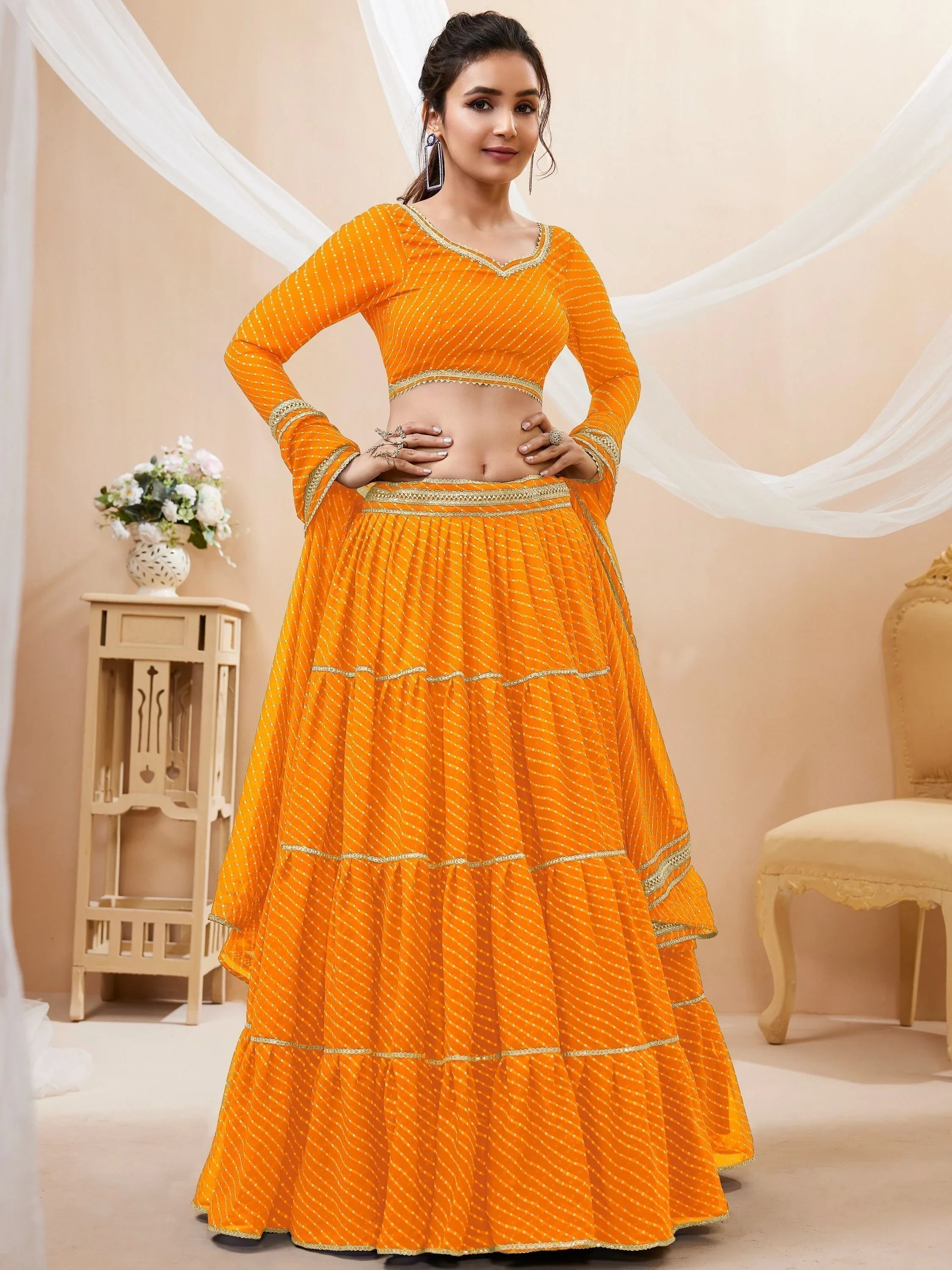 Yellow Leheriya Printed Georgette Haldi Lehenga Choli for Women
