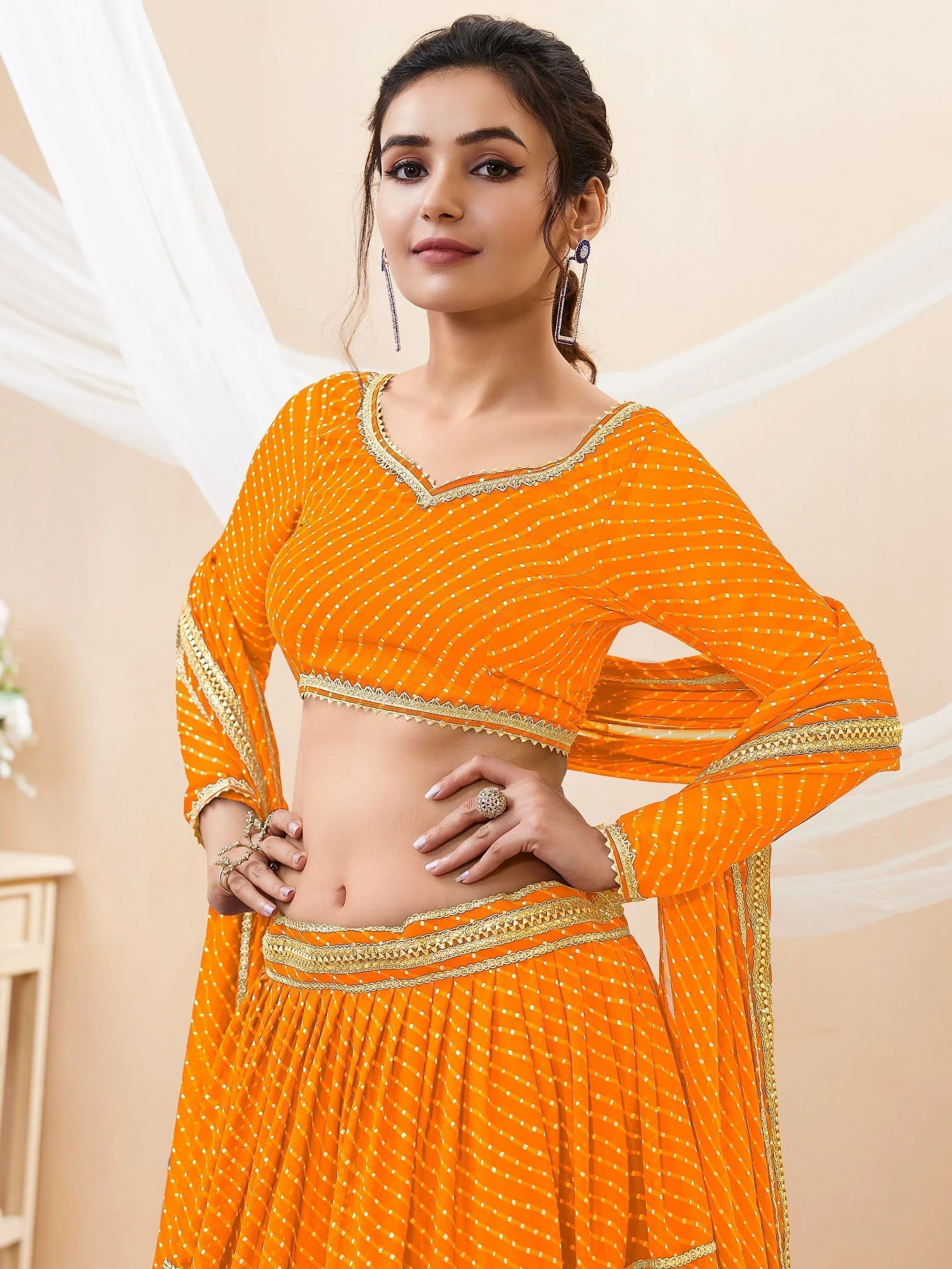 Yellow Leheriya Printed Georgette Haldi Lehenga Choli for Women