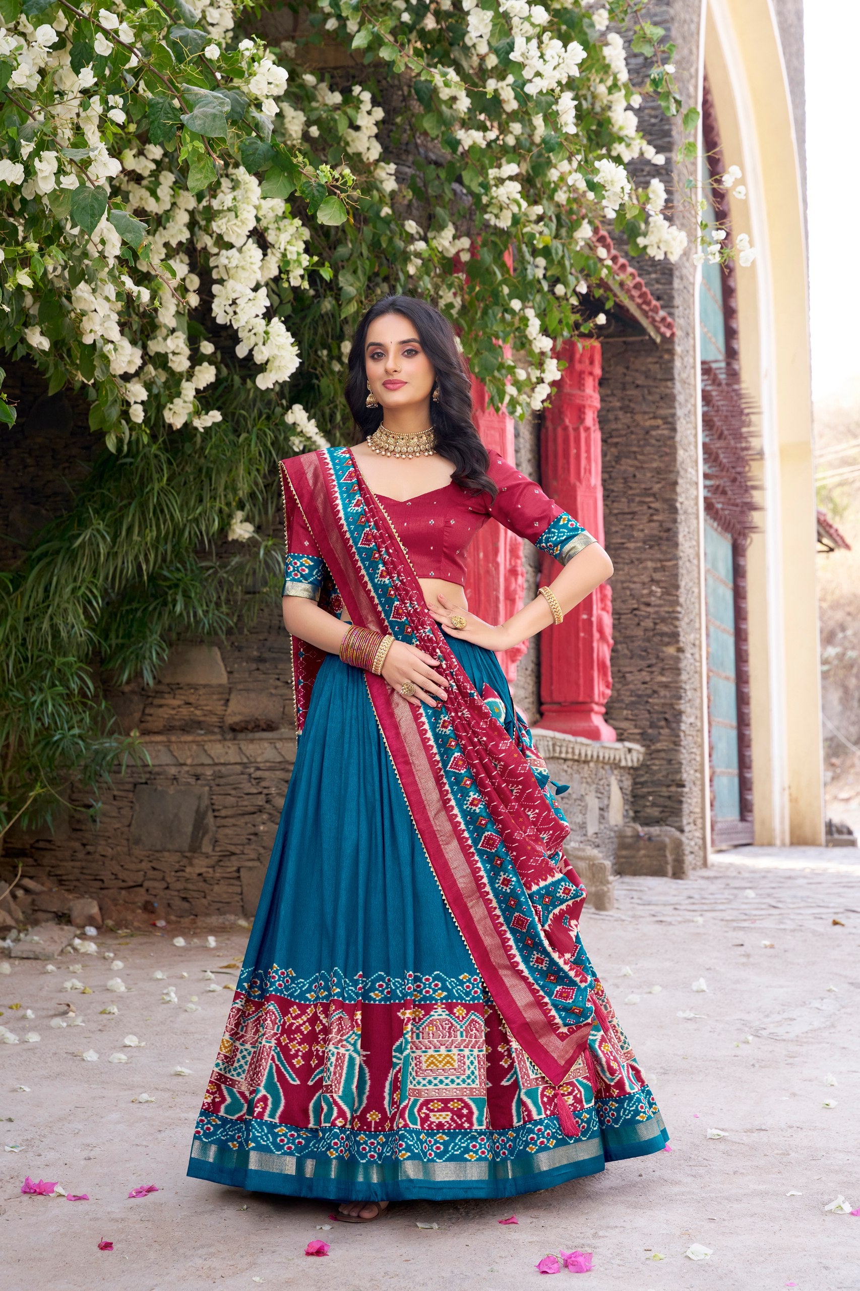 Tussar Silk Patola Printed Festive Lehenga Choli with Foil Work